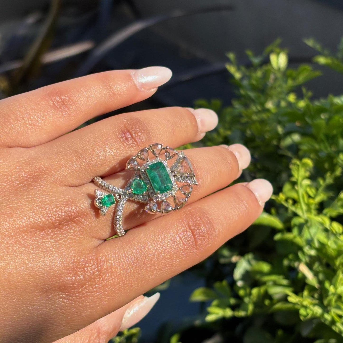 14k Gold Natural Zambian Emerald & Diamond Ring - 2.18 Carats Emerald, 2.45 Carats Diamond Art Deco Ring