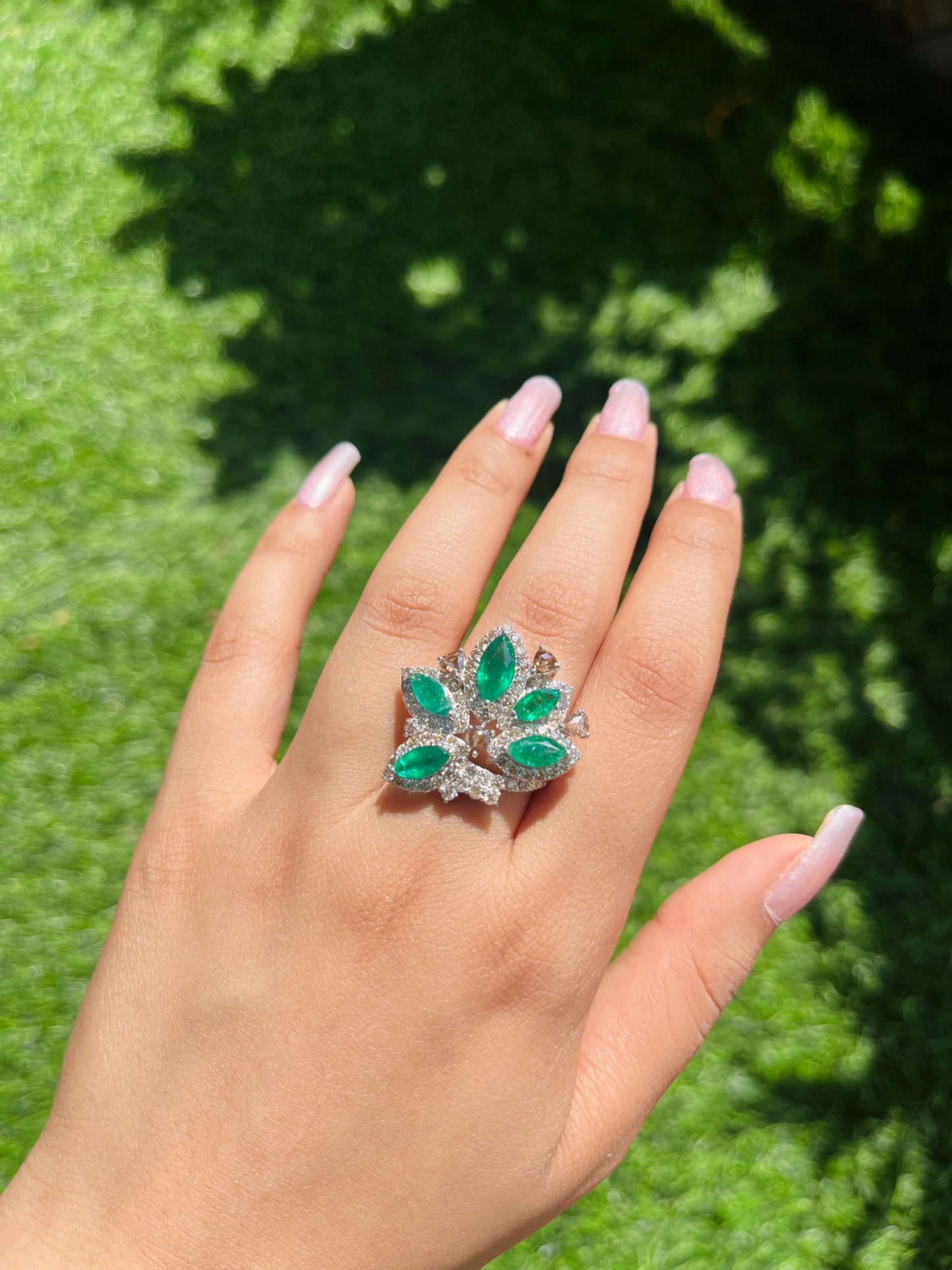14k Gold Natural Zambian Emerald & Diamond Ring - 2.74 Carats Emerald, 1.93 Carats Diamond Art Nouveau Ring