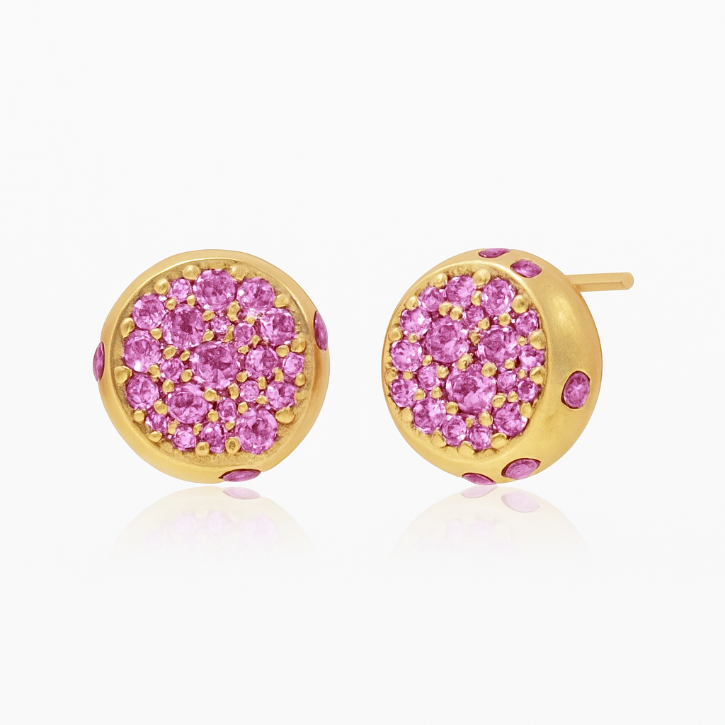Solid Gold Natural Pink Sapphire Dome Minimalist Stud Earrings
