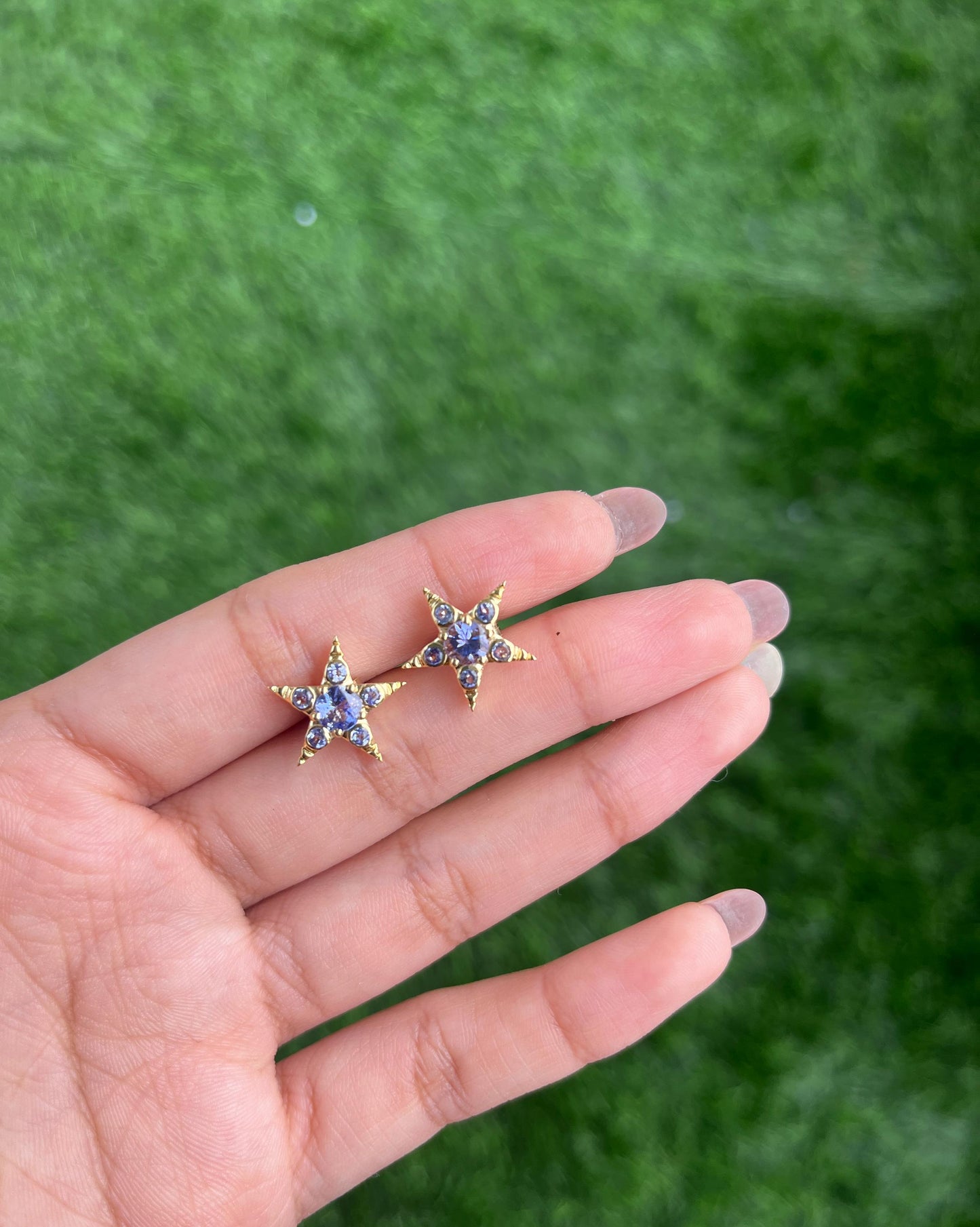 Solid Gold Natural Tanzanite Star Victorian Stud Earrings