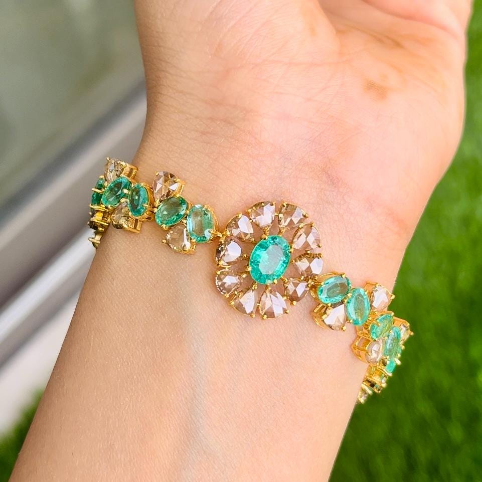 14k Gold Natural Zambian Emerald & Rose Cut Diamond Bracelet - 11.93 Carats Emerald, 6.75 Carats Diamond Victorian Bracelet