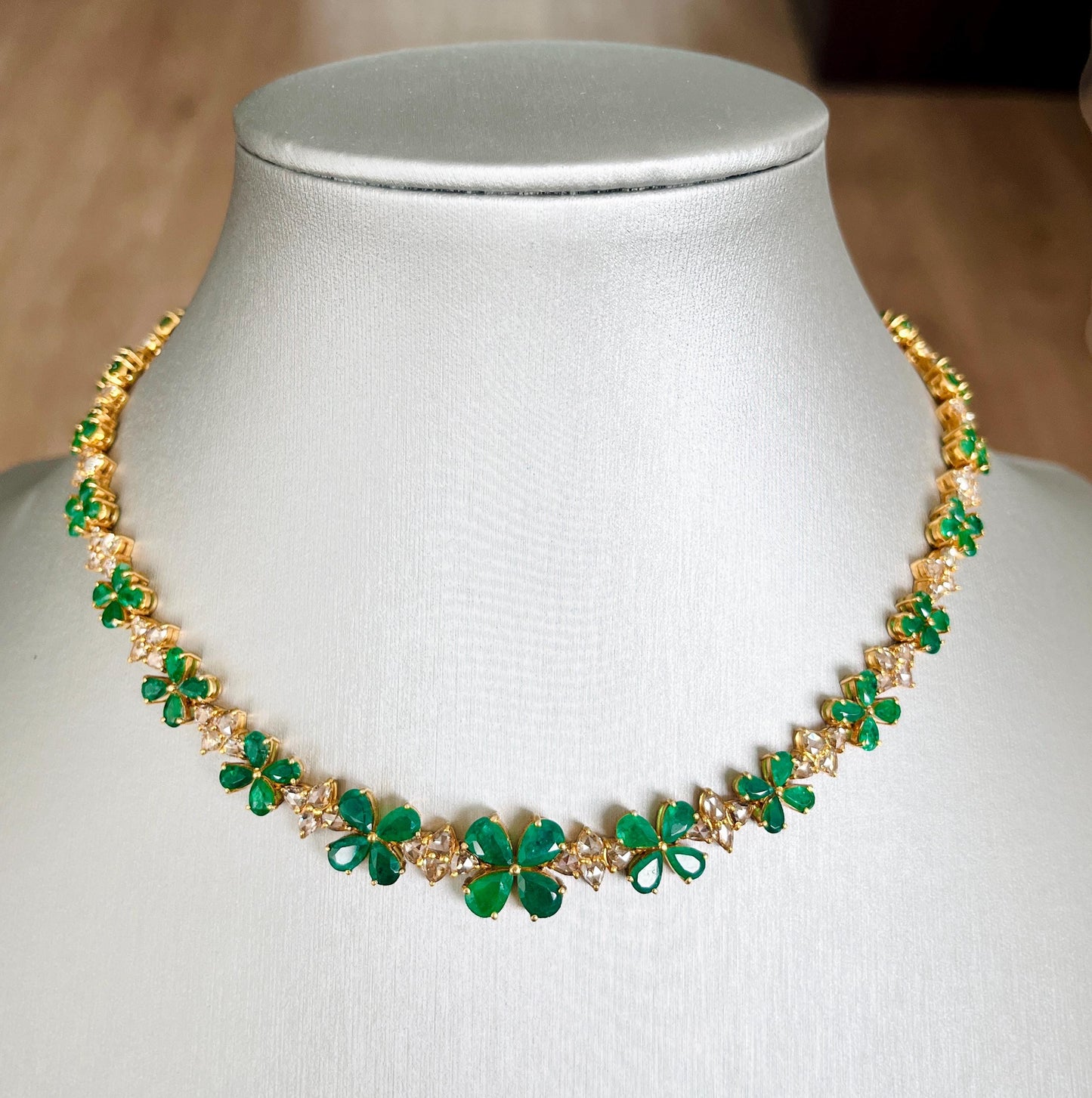 14k Gold Natural Zambian Emerald & Rose Cut Diamond Necklace - 15.6 Carats Emerald, 6.47 Carats Diamond Victorian Necklace