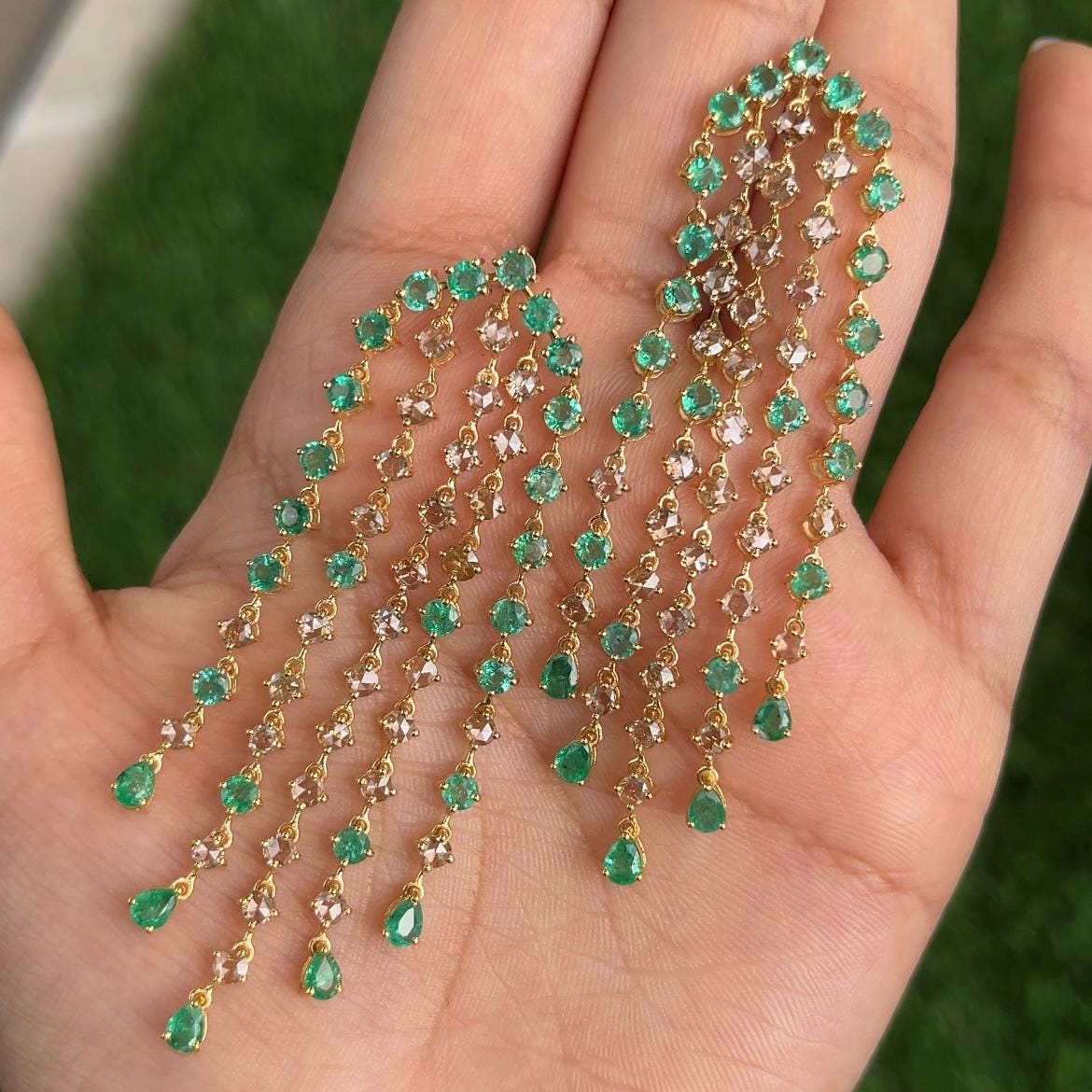 14k Gold Natural Zambian Emerald & Rose Cut Diamond Art Deco Earrings