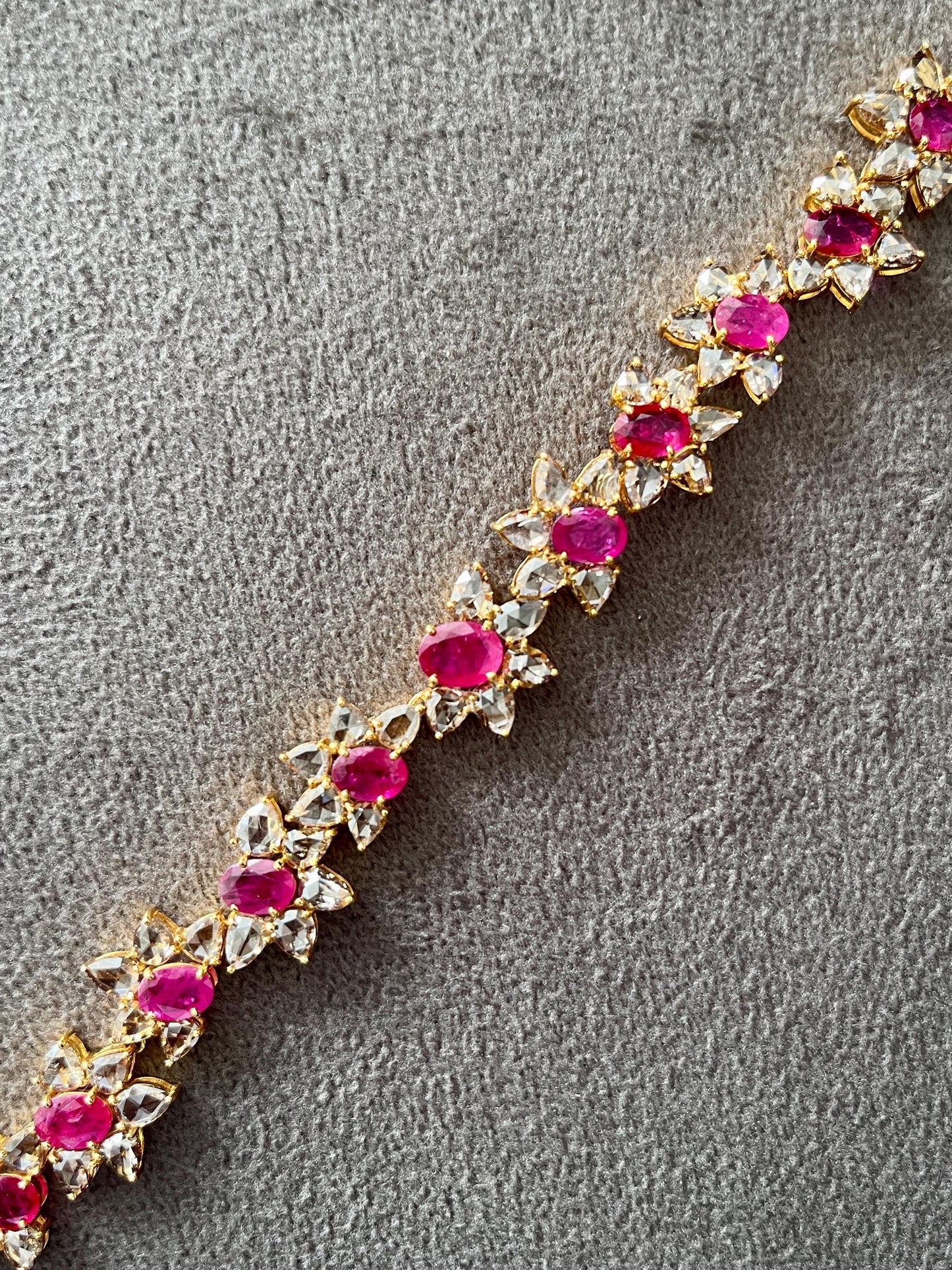 14k Gold Natural Ruby & Rose Cut Diamond Bracelet - 7.49 Carats Ruby, 9.03 Carats Diamond Art Nouveau Bracelet
