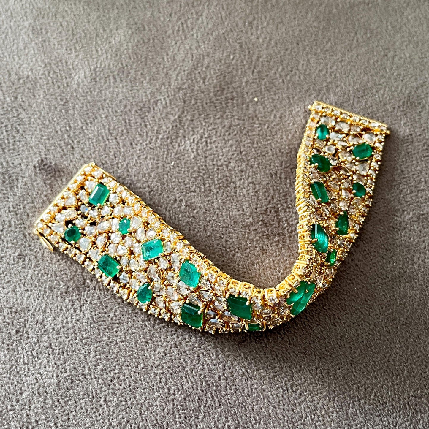 14k Gold Natural Zambian Emerald & Rose Cut Diamond Bracelet - 23.75 Carats Emerald, 31.1 Carats Diamond Victorian Bracelet