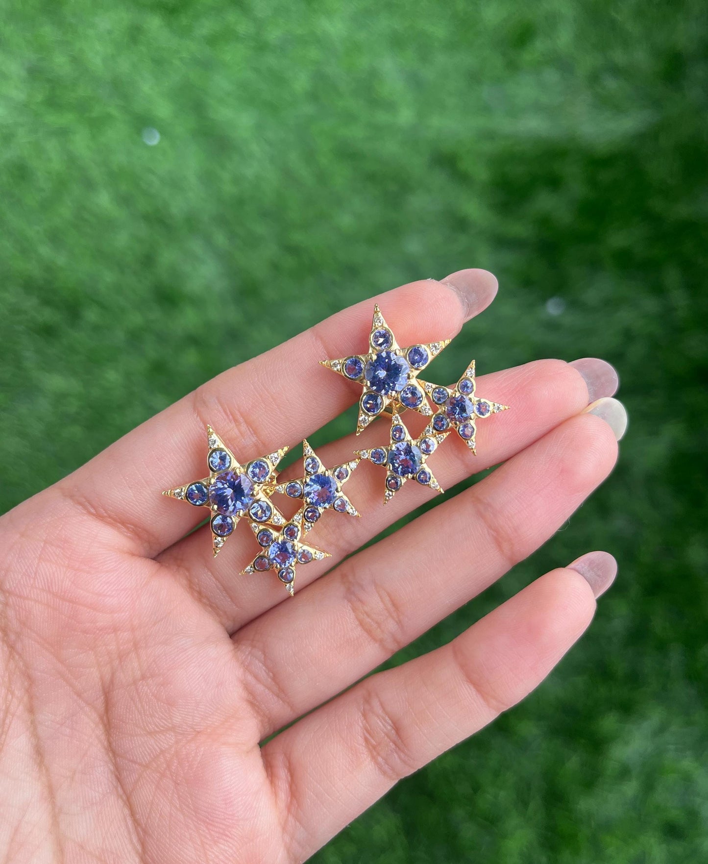 Solid Gold Natural Tanzanite & Diamond Star Victorian Stud Earrings