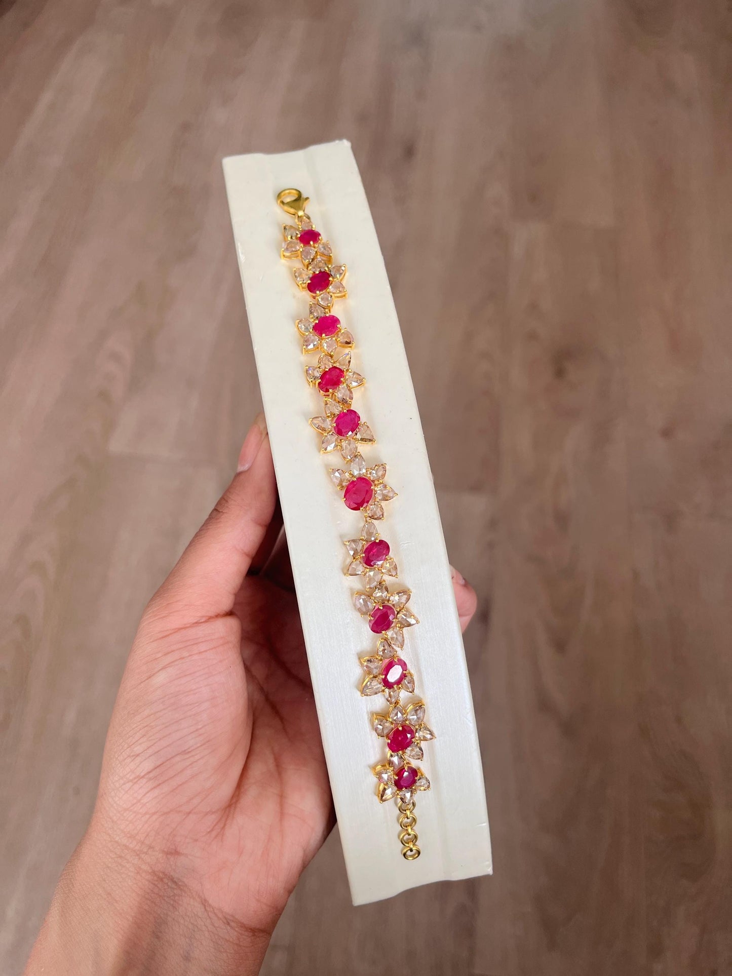 14k Gold Natural Ruby & Rose Cut Diamond Bracelet - 7.49 Carats Ruby, 9.03 Carats Diamond Art Nouveau Bracelet