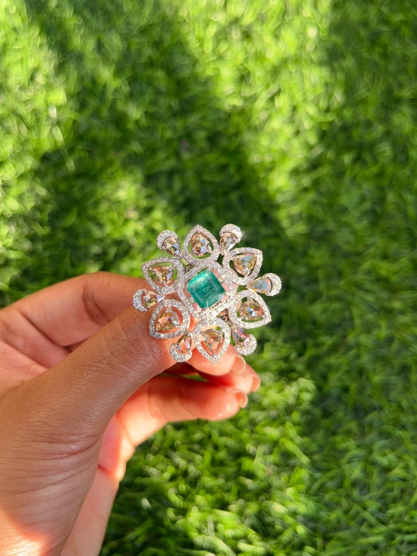 14k Gold Natural Zambian Emerald & Diamond Ring - 1.78 Carats Emerald, 4.11 Carats Diamond Victorian Ring