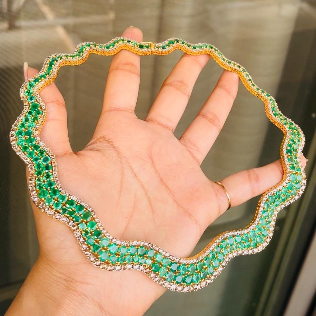 14k Gold Natural Zambian Emerald & Rose Cut Diamond Necklace - 41.23 Carats Emerald, 12.75 Carats Diamond Victorian Necklace