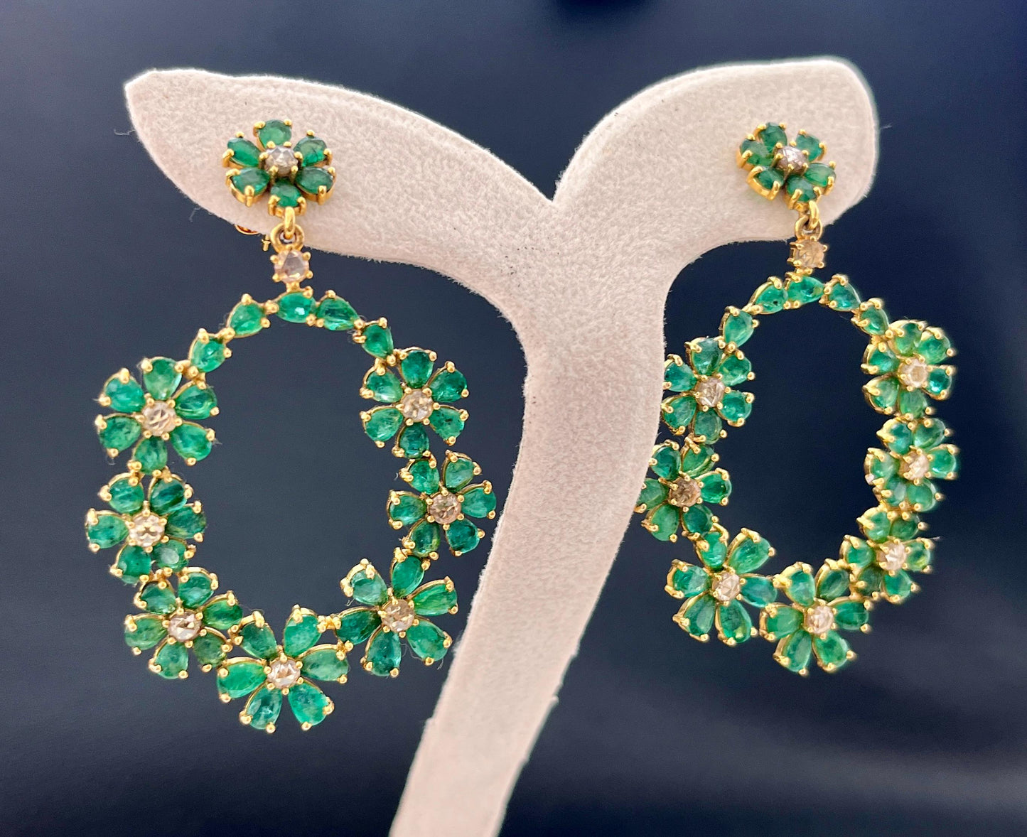 14k Gold Natural Zambian Emerald & Rose Cut Diamond Earrings - 15.62 Carats Emerald, 1.54 Carats Diamond Victorian Hoop Earrings