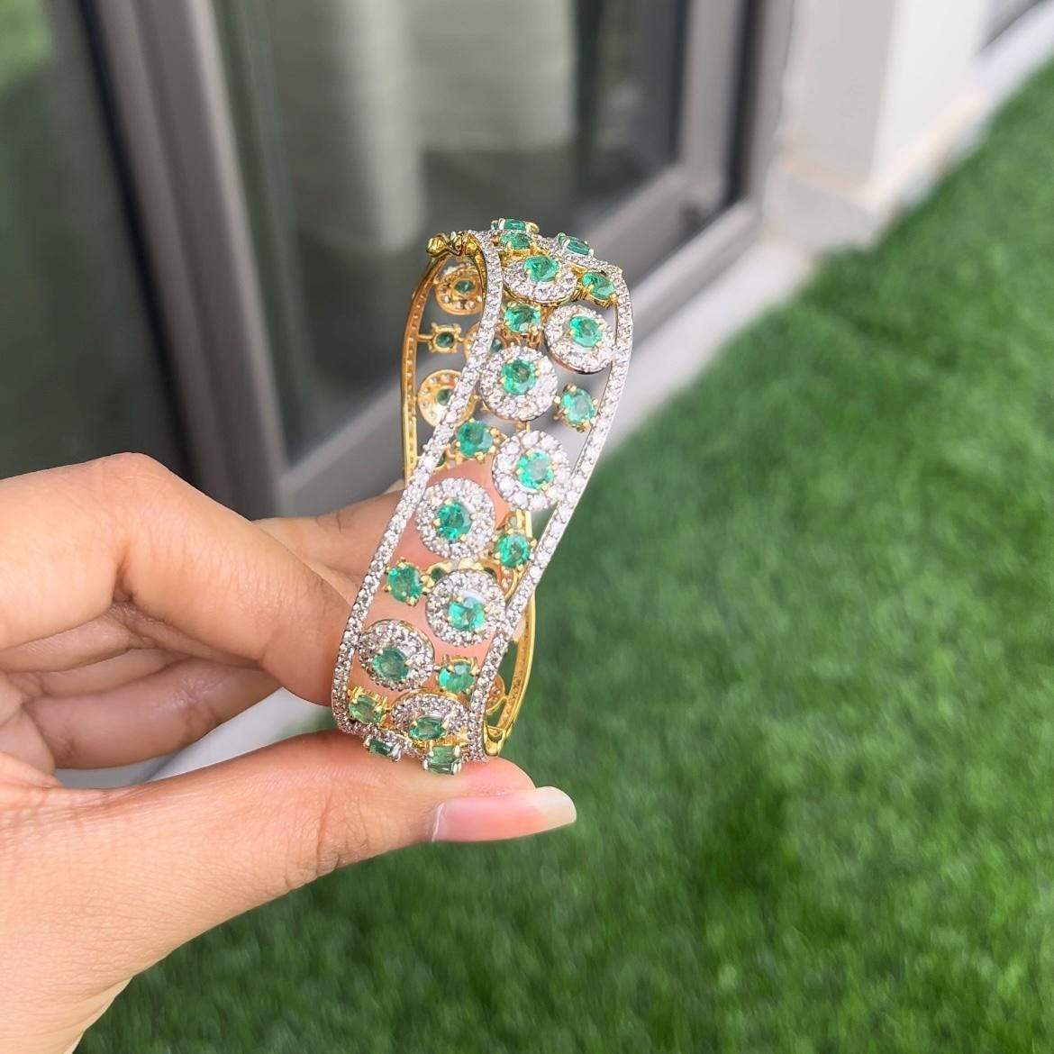 14k Gold Natural Zambian Emerald & Diamond Bracelet - 9.98 Carats Emerald, 8.34 Carats Diamond Art Nouveau Cuff Bracelet