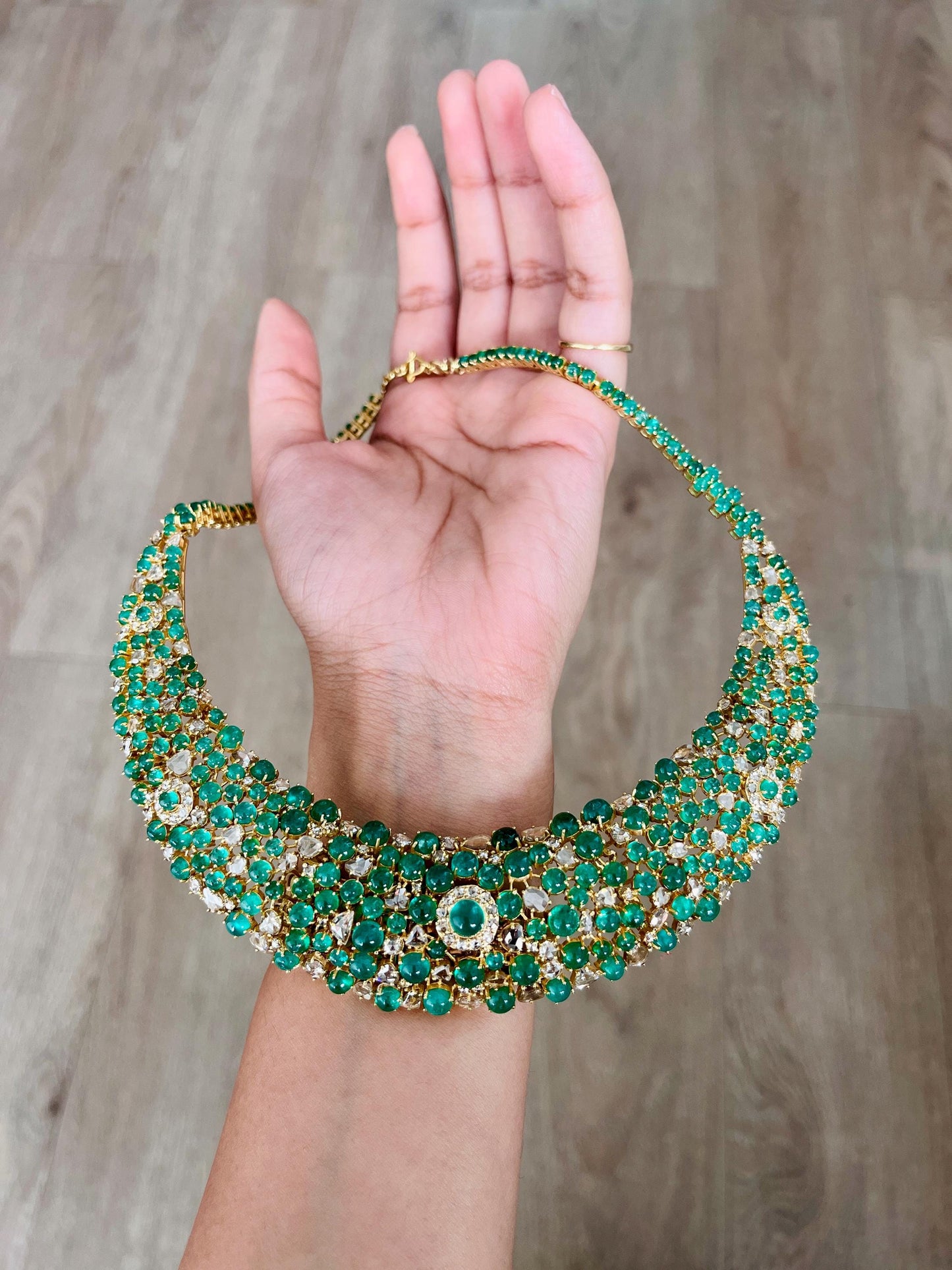 14k Gold Natural Zambian Emerald & Rose Cut Diamond Necklace - 56.43 Carats Emerald, 12.18 Carats Diamond Victorian Necklace