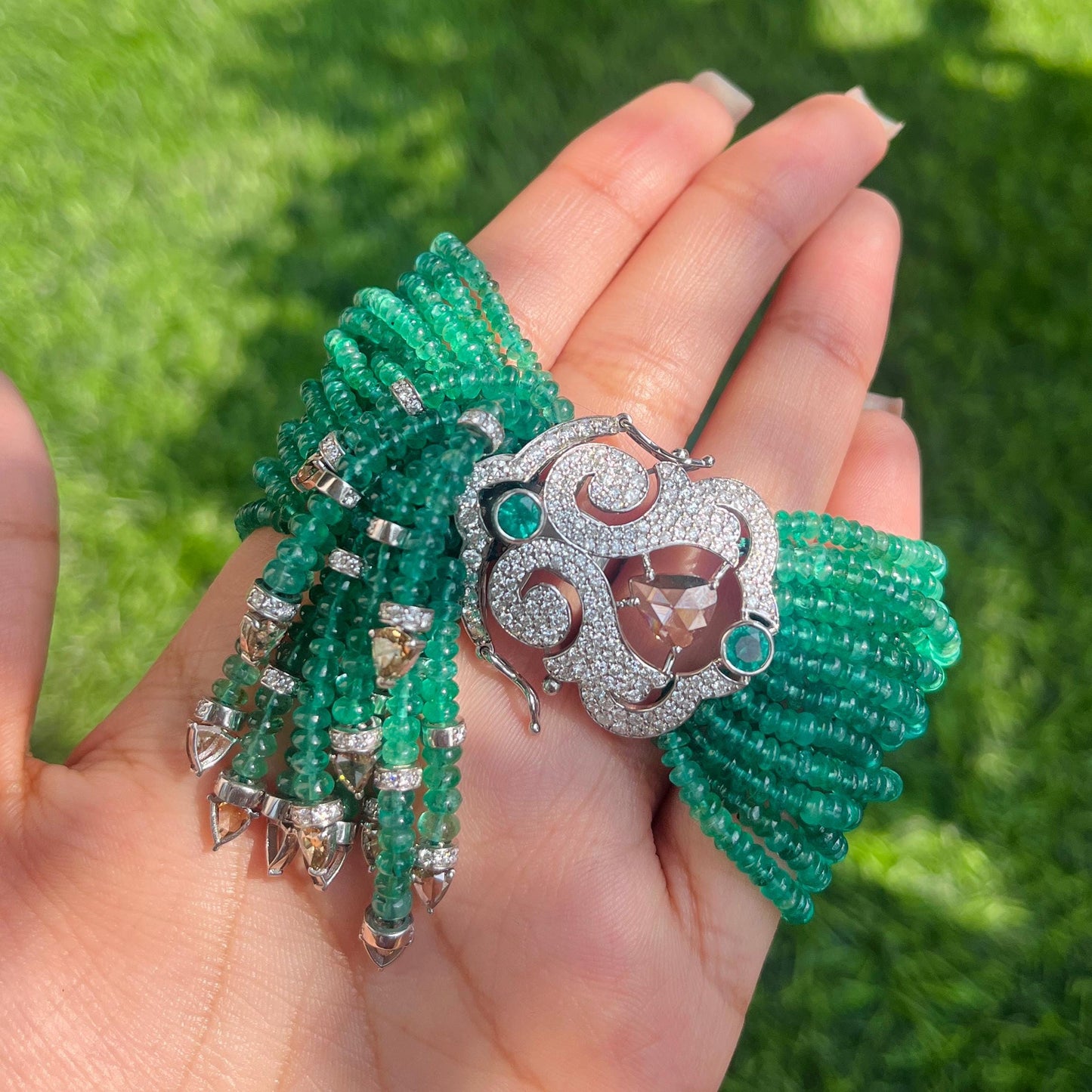 14k Gold Natural Zambian Emerald & Diamond Bracelet - 185.1 Carats Emerald, 5.97 Carats Diamond Victorian Beaded Bracelet