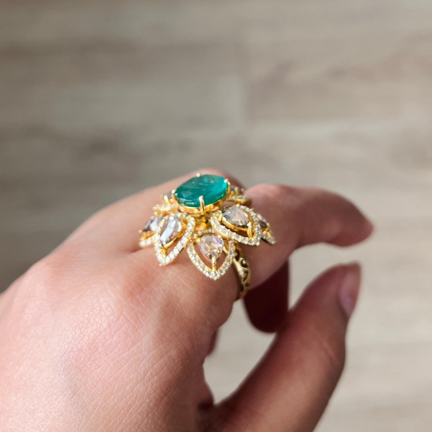 14k Gold Natural Zambian Emerald & Diamond Ring - 3.06 Carats Emerald, 3.07 Carats Diamond Victorian Ring