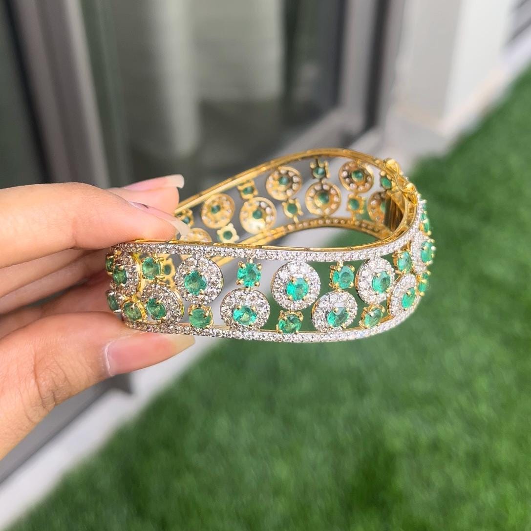 14k Gold Natural Zambian Emerald & Diamond Bracelet - 9.98 Carats Emerald, 8.34 Carats Diamond Art Nouveau Cuff Bracelet