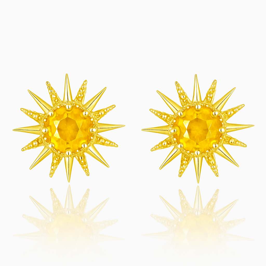 Solid Gold Natural Yellow Sapphire Sunburst Art Deco Stud Earrings