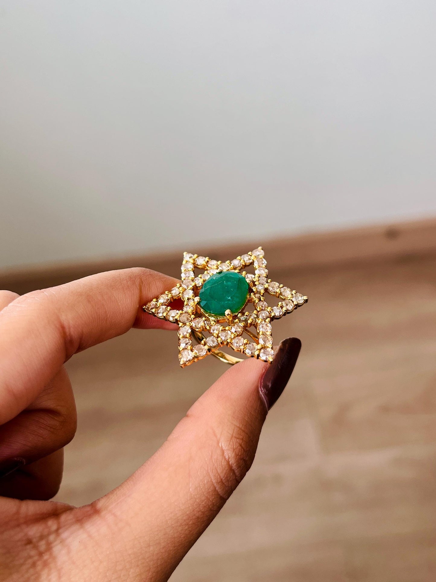 14k Gold Natural Zambian Emerald & Rose Cut Diamond Ring - 3.89 Carats Emerald, 3.25 Carats Diamond Avant Garde Ring