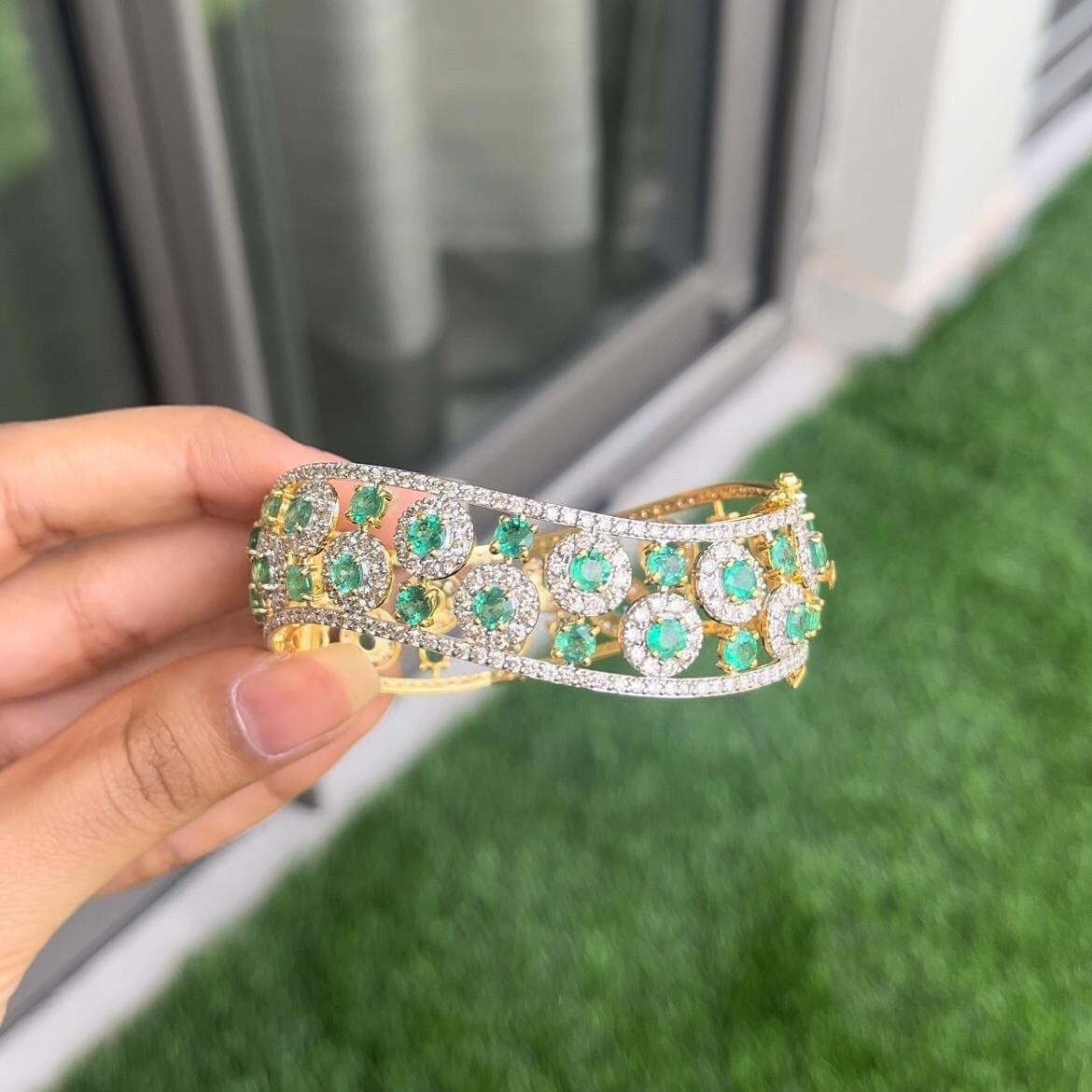 14k Gold Natural Zambian Emerald & Diamond Bracelet - 9.98 Carats Emerald, 8.34 Carats Diamond Art Nouveau Cuff Bracelet