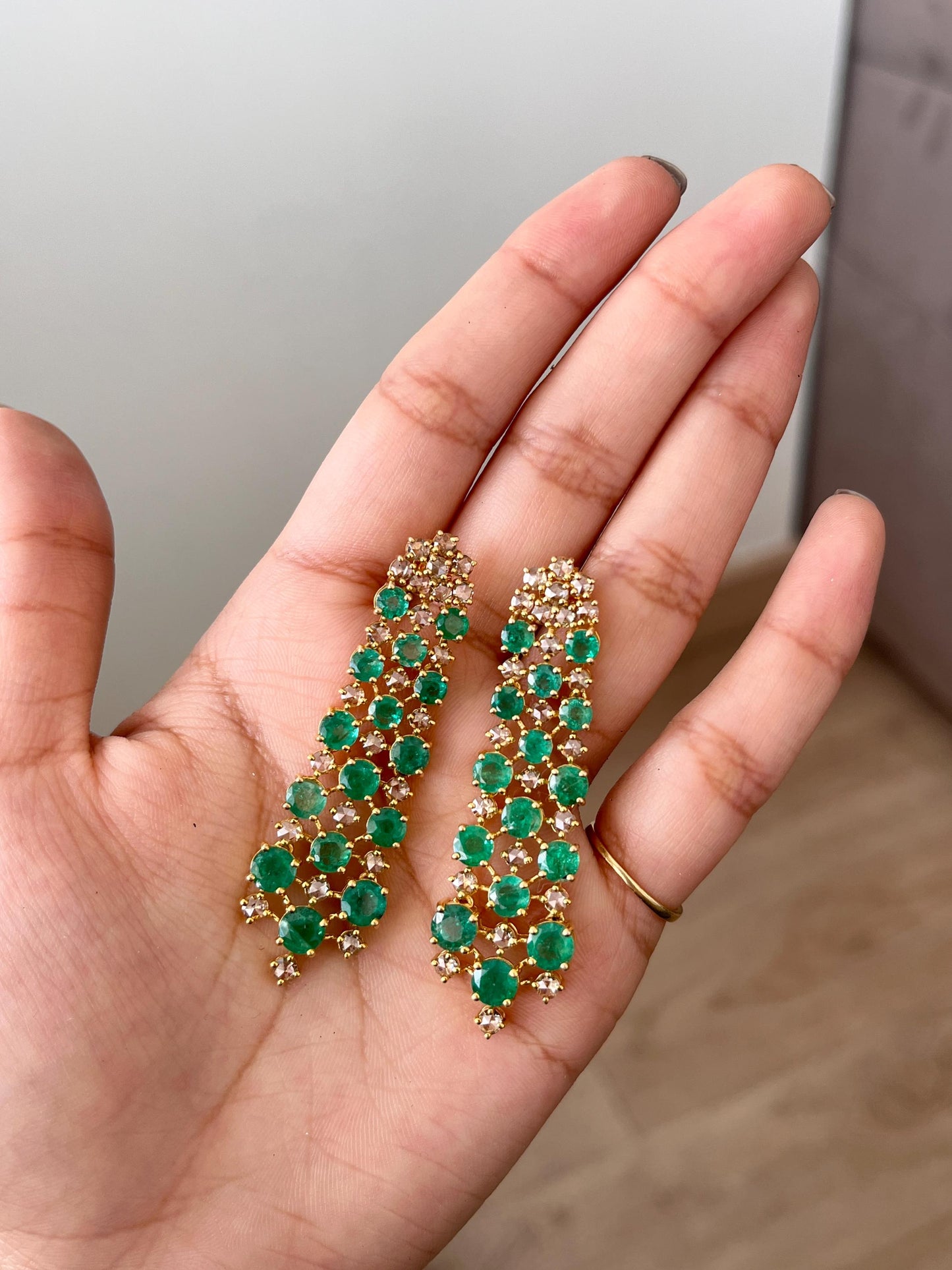 14k Gold Natural Zambian Emerald & Rose Cut Diamond Art Deco Earrings