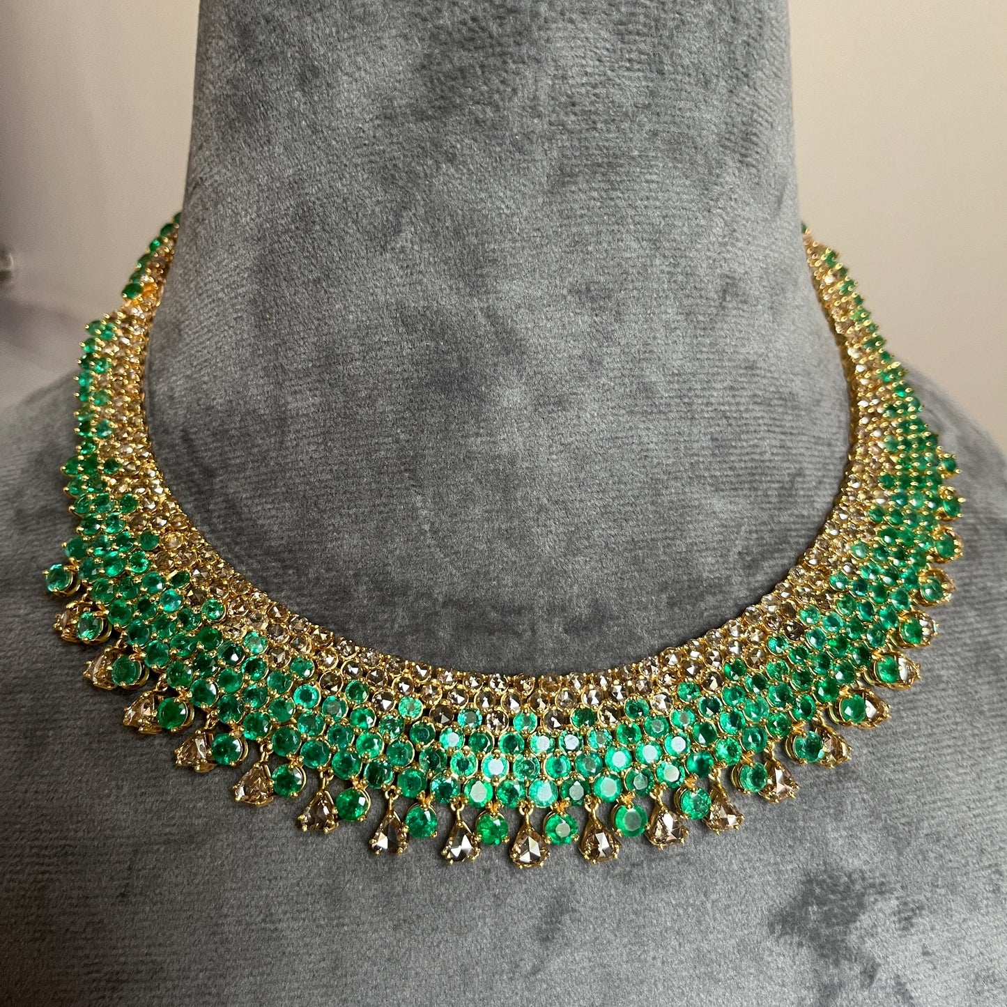 14k Gold Natural Zambian Emerald & Rose Cut Diamond Necklace - 50.6 Carats Emerald, 21.43 Carats Diamond Victorian Necklace