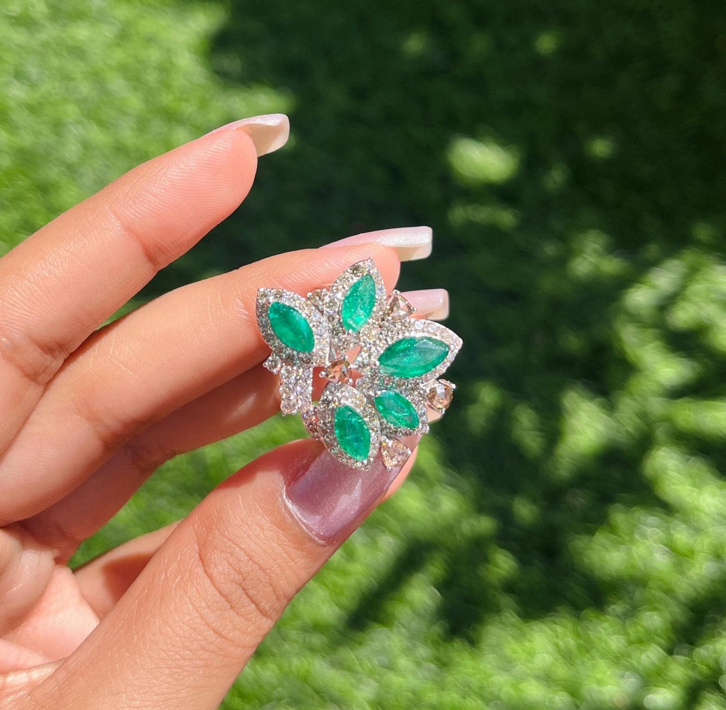 14k Gold Natural Zambian Emerald & Diamond Ring - 2.74 Carats Emerald, 1.93 Carats Diamond Art Nouveau Ring