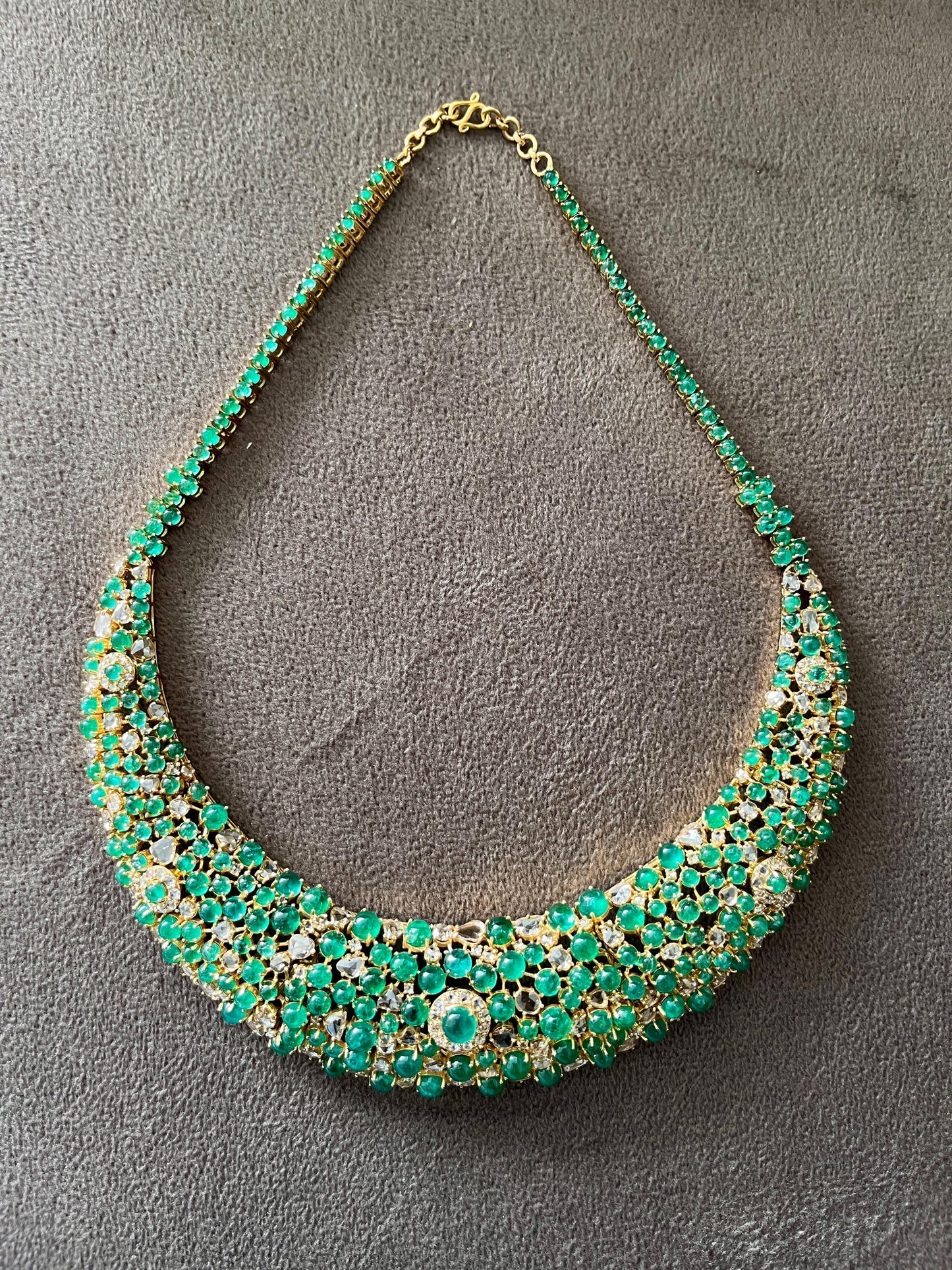 14k Gold Natural Zambian Emerald & Rose Cut Diamond Necklace - 56.43 Carats Emerald, 12.18 Carats Diamond Victorian Necklace