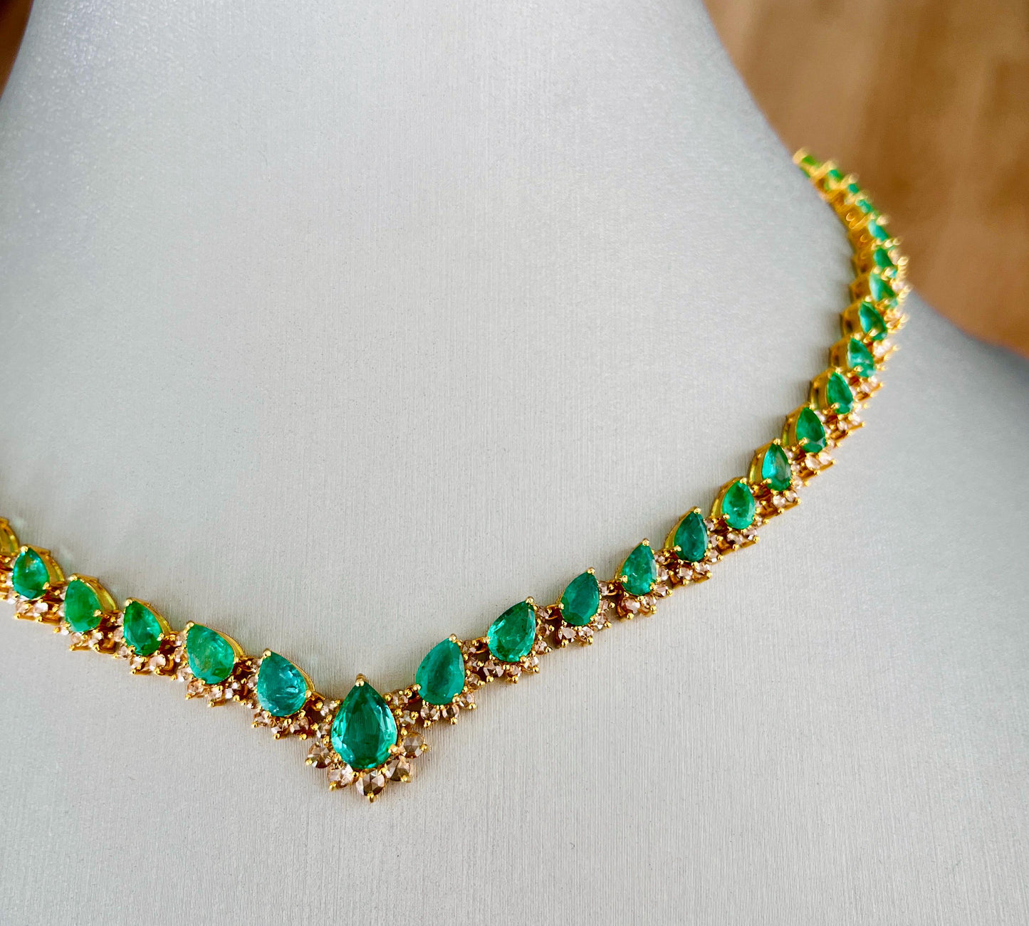 14k Gold Natural Zambian Emerald & Rose Cut Diamond Necklace - 15.74 Carats Emerald, 4.18 Carats Diamond Victorian Necklace