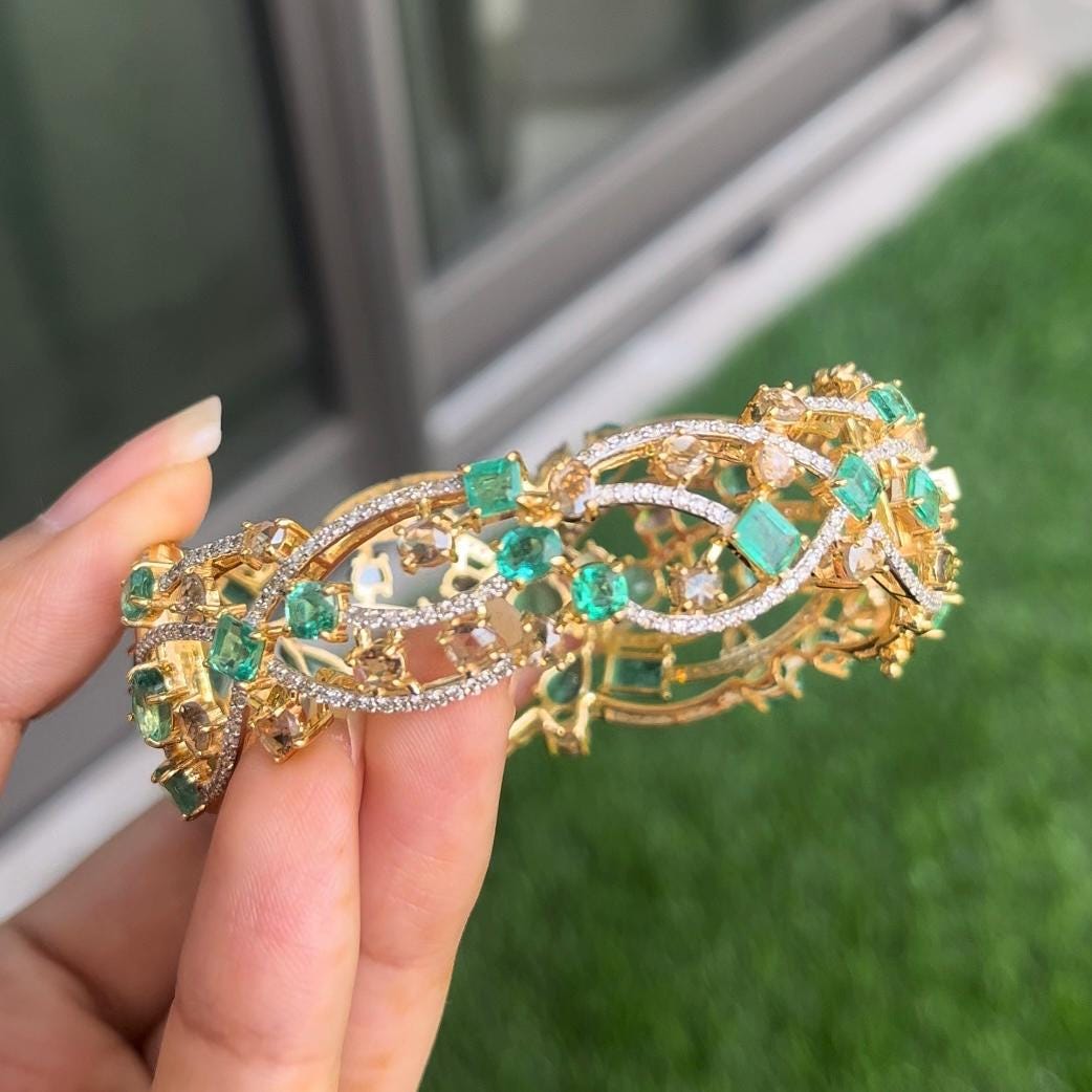 14k Gold Natural Zambian Emerald & Diamond Bracelet - 13.88 Carats Emerald, 7.62 Carats Diamond Art Nouveau Cuff Bracelet