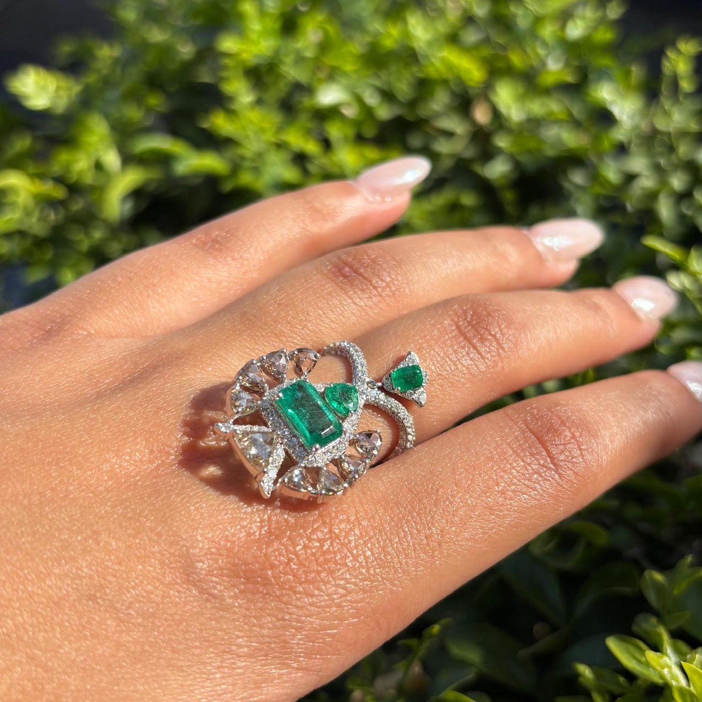 14k Gold Natural Zambian Emerald & Diamond Ring - 2.18 Carats Emerald, 2.45 Carats Diamond Art Deco Ring