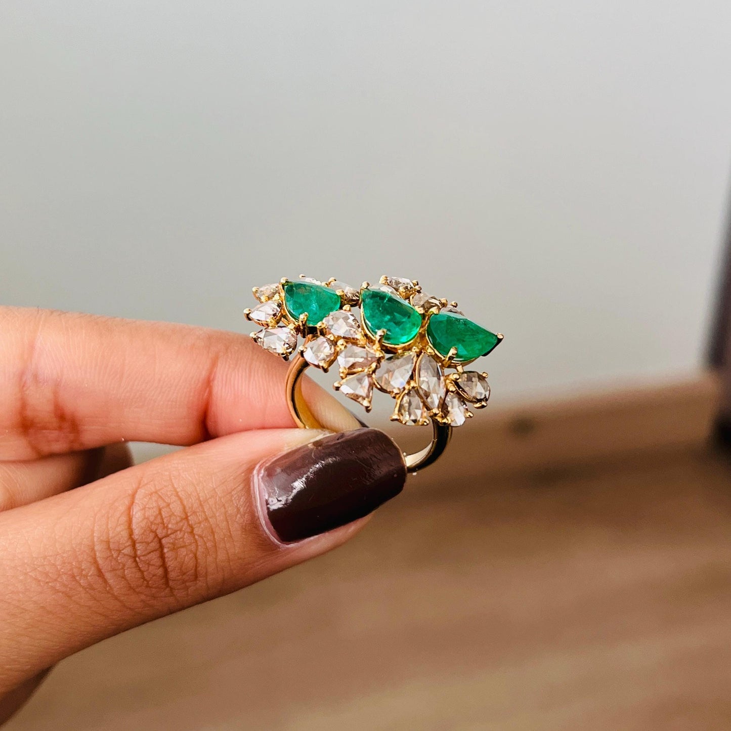 14k Gold Natural Zambian Emerald & Rose Cut Diamond Ring - 3.01 Carats Emerald, 2.1 Carats Diamond Victorian Ring