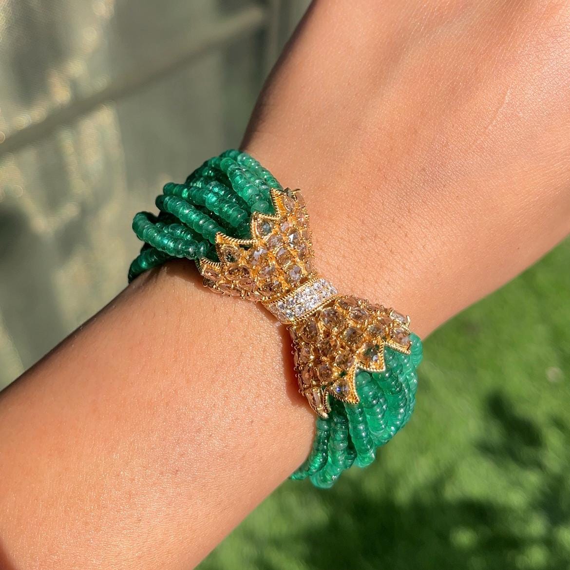 14k Gold Natural Zambian Emerald & Diamond Bracelet - 159.29 Carats Emerald, 6.3 Carats Diamond Victorian Beaded Bracelet