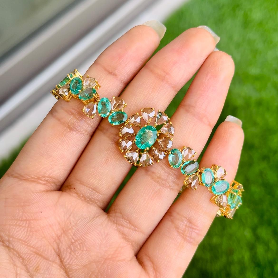 14k Gold Natural Zambian Emerald & Rose Cut Diamond Bracelet - 11.93 Carats Emerald, 6.75 Carats Diamond Victorian Bracelet