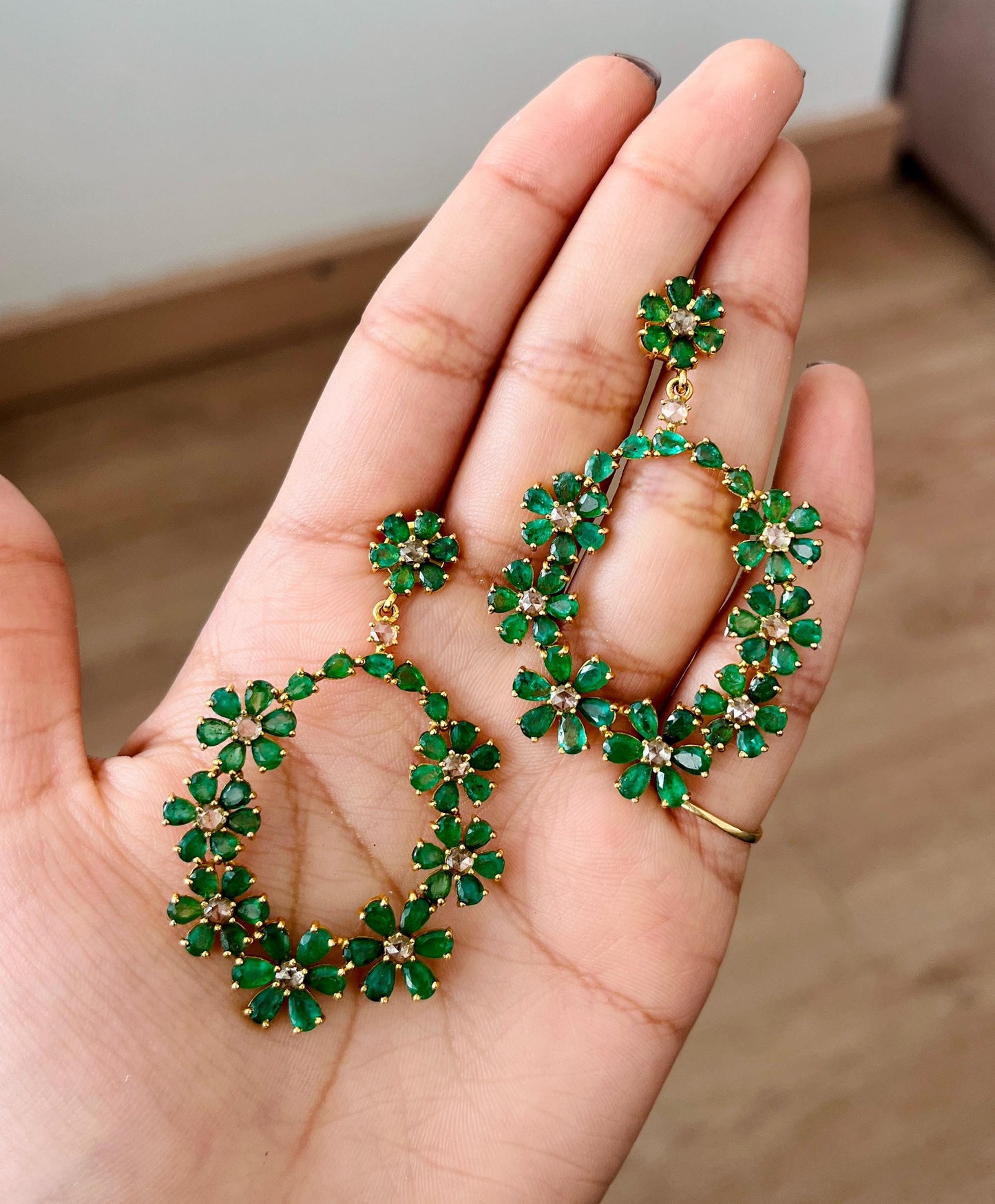 14k Gold Natural Zambian Emerald & Rose Cut Diamond Earrings - 15.62 Carats Emerald, 1.54 Carats Diamond Victorian Hoop Earrings