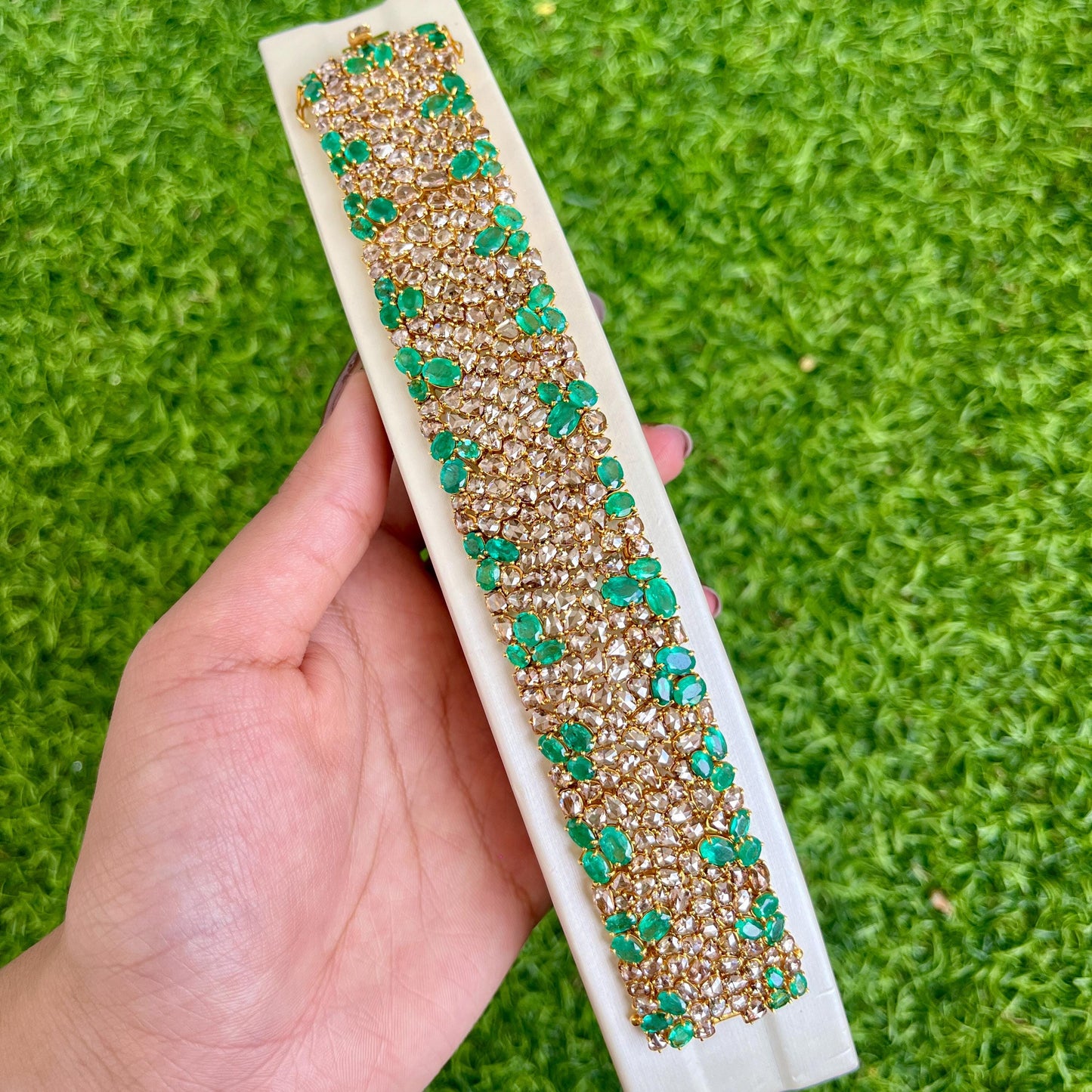 14k Gold Natural Zambian Emerald & Rose Cut Diamond Bracelet - 18.7 Carats Emerald, 24.18 Carats Diamond Victorian Bracelet