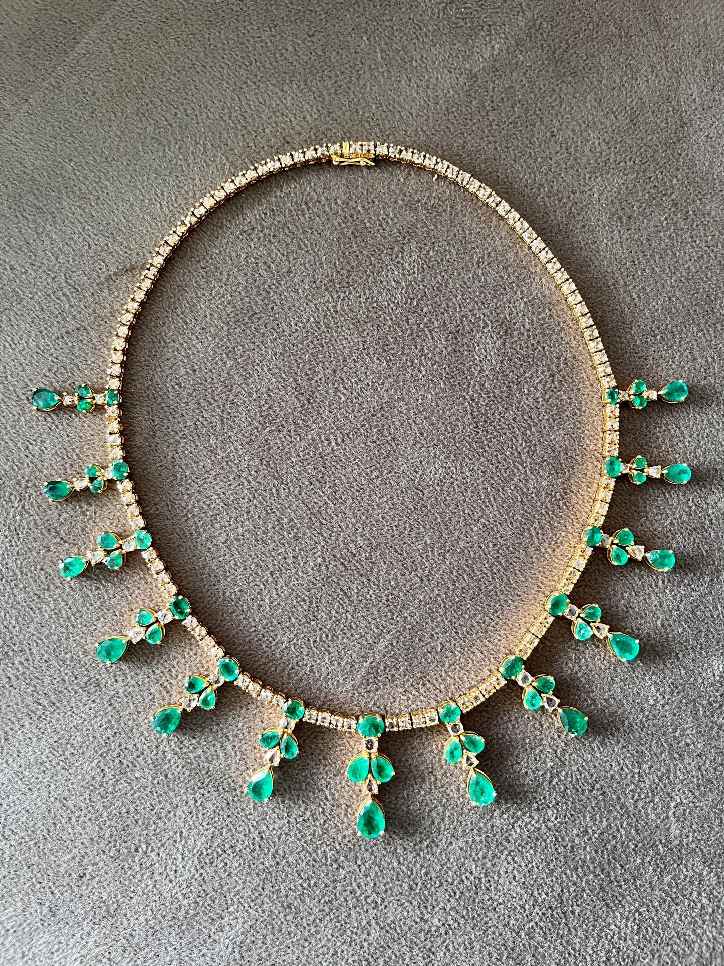 14k Gold Natural Zambian Emerald & Rose Cut Diamond Necklace - 24.21 Carats Emerald, 12.91 Carats Diamond Victorian Necklace