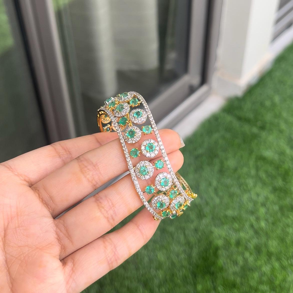 14k Gold Natural Zambian Emerald & Diamond Bracelet - 9.98 Carats Emerald, 8.34 Carats Diamond Art Nouveau Cuff Bracelet