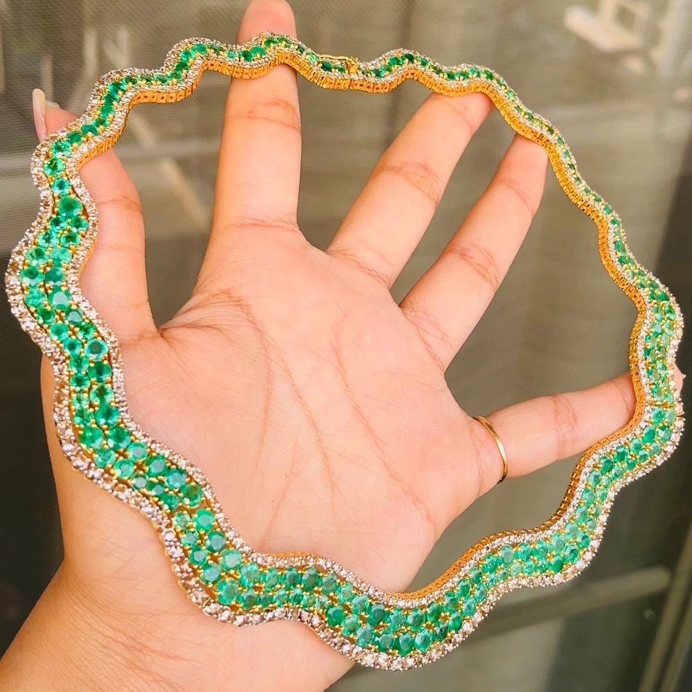 14k Gold Natural Zambian Emerald & Rose Cut Diamond Necklace - 41.23 Carats Emerald, 12.75 Carats Diamond Victorian Necklace