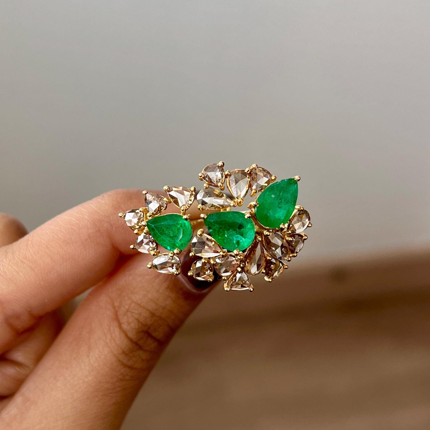 14k Gold Natural Zambian Emerald & Rose Cut Diamond Ring - 3.01 Carats Emerald, 2.1 Carats Diamond Victorian Ring