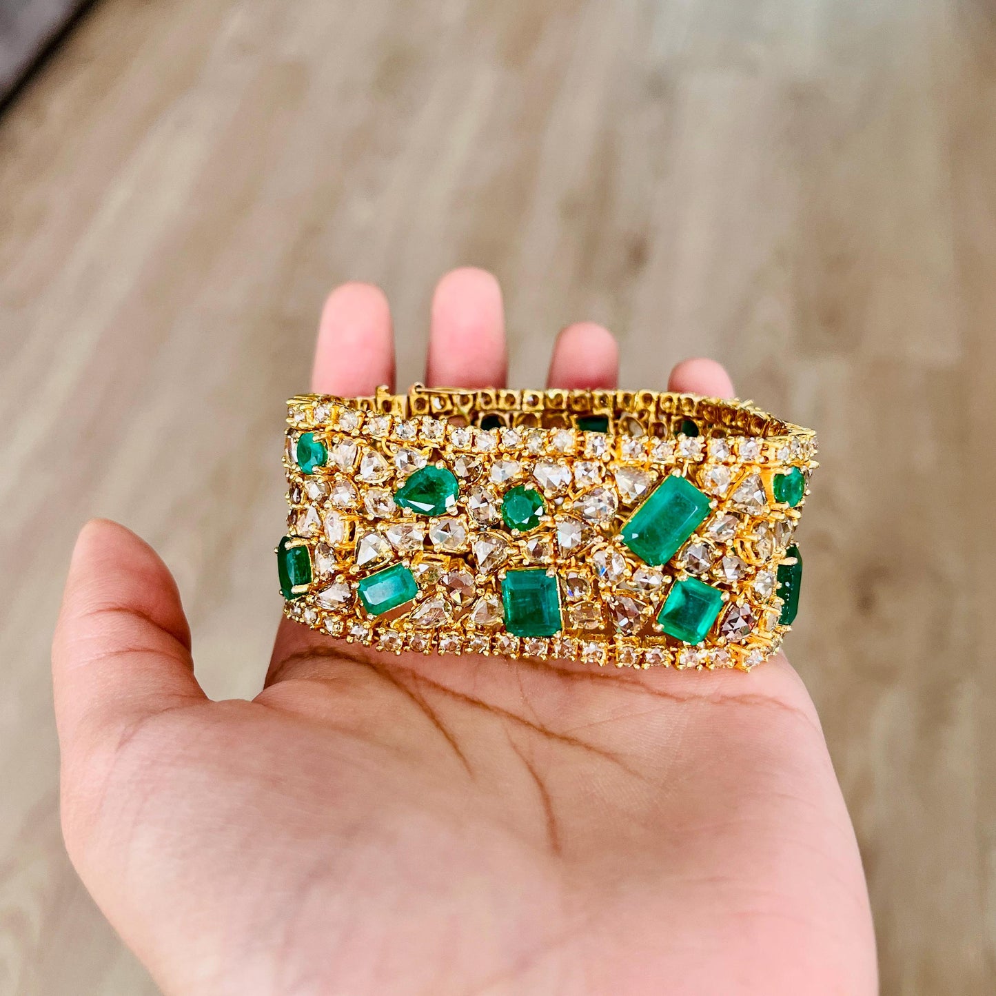 14k Gold Natural Zambian Emerald & Rose Cut Diamond Bracelet - 23.75 Carats Emerald, 31.1 Carats Diamond Victorian Bracelet