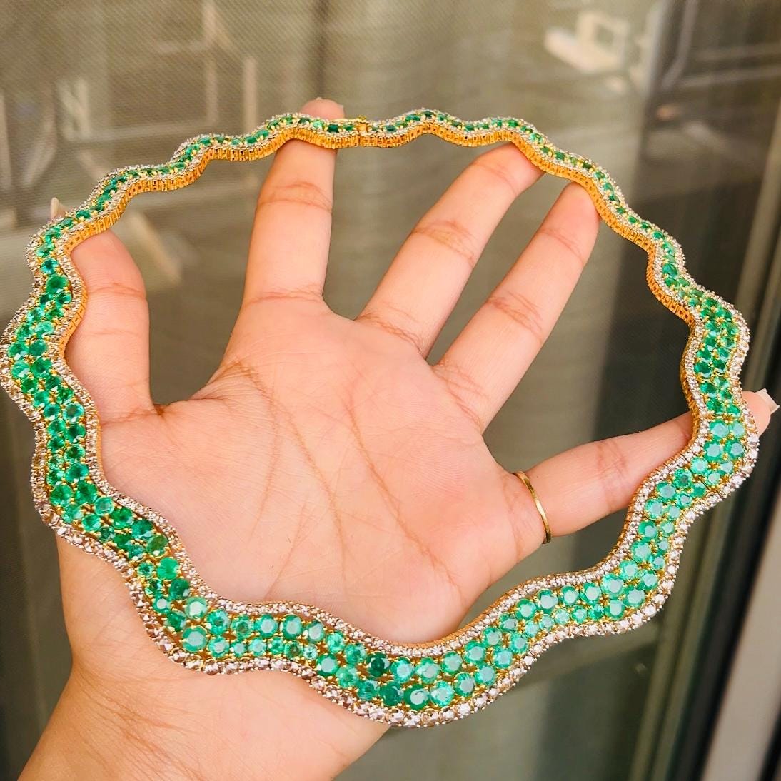 14k Gold Natural Zambian Emerald & Rose Cut Diamond Necklace - 41.23 Carats Emerald, 12.75 Carats Diamond Victorian Necklace
