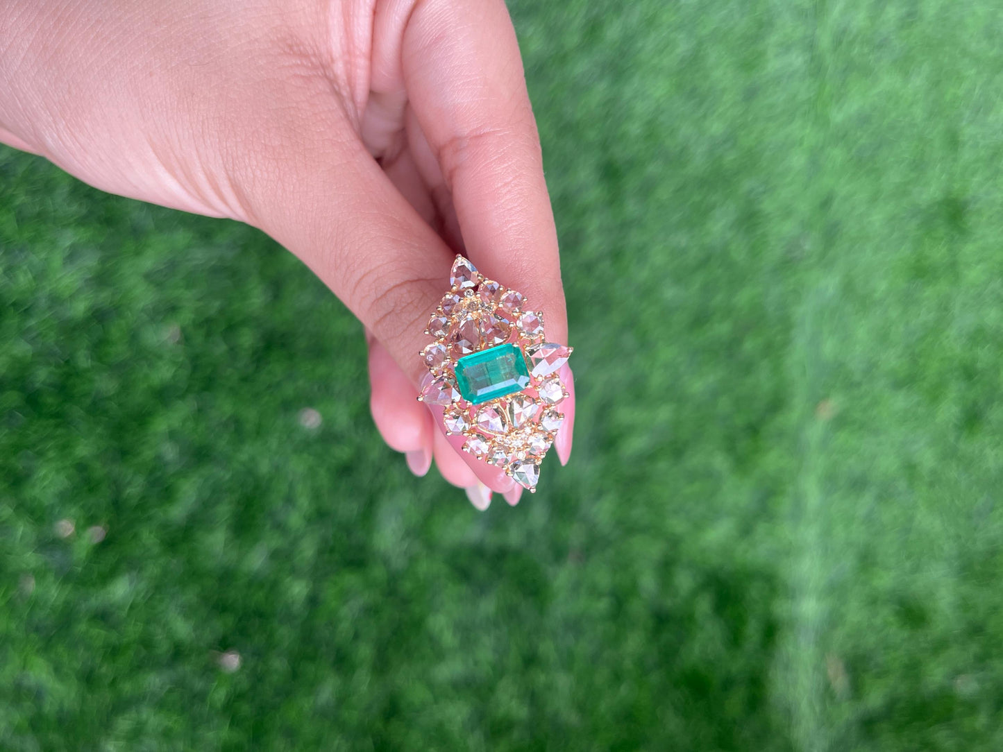 14k Gold Natural Zambian Emerald & Diamond Ring - 1.47 Carats Emerald, 2.69 Carats Diamond Art Nouveau Ring