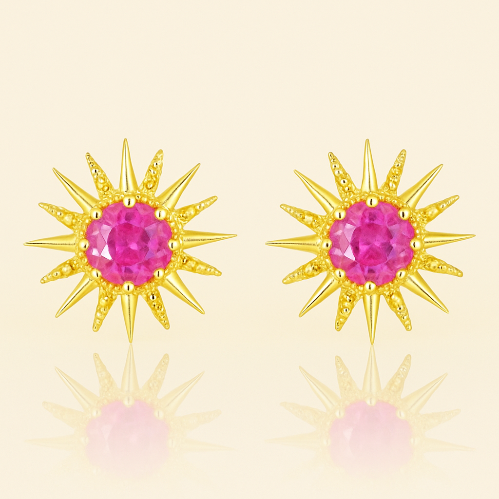 Solid Gold Natural Pink Sapphire Sunburst Art Deco Stud Earrings