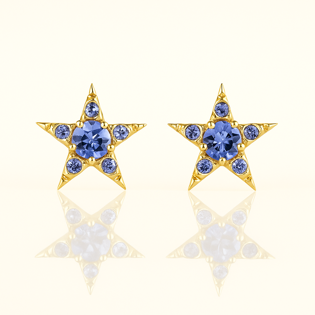 Solid Gold Natural Tanzanite Star Victorian Stud Earrings