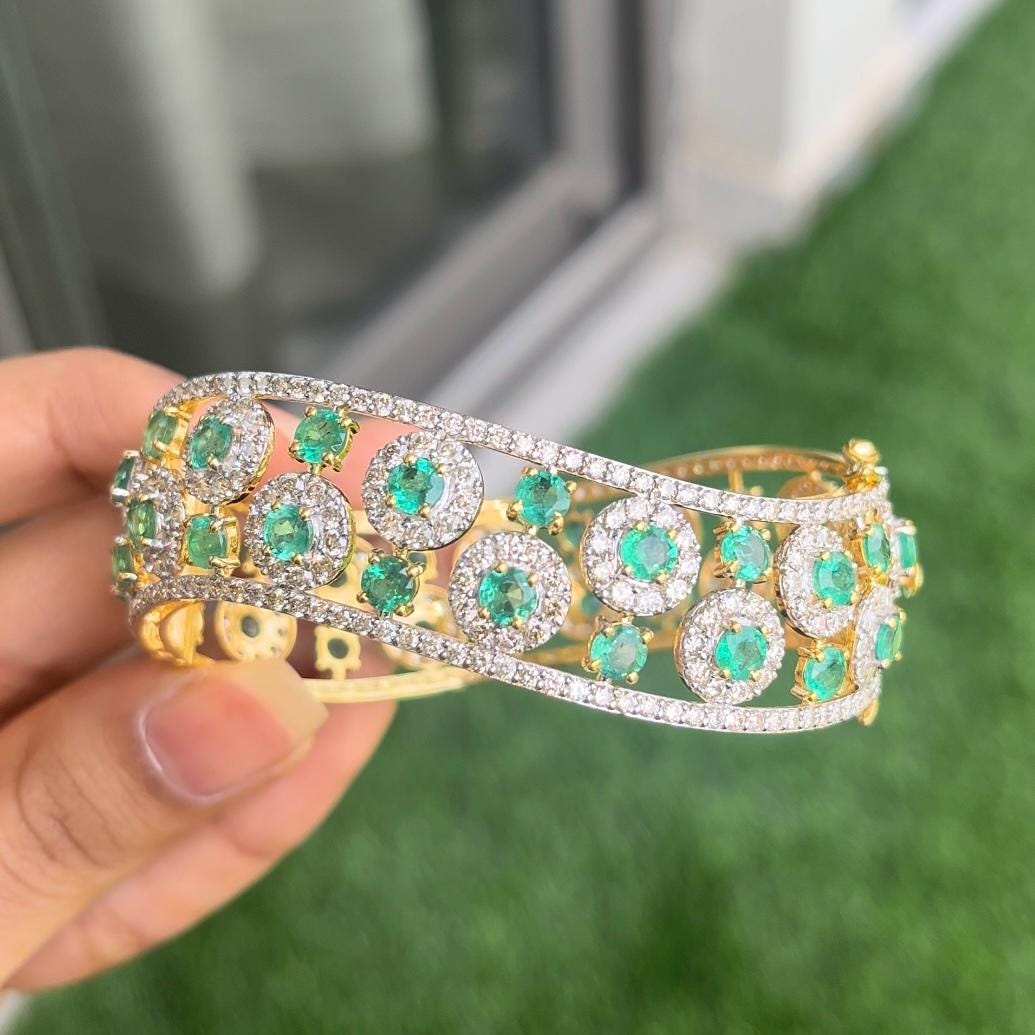 14k Gold Natural Zambian Emerald & Diamond Bracelet - 9.98 Carats Emerald, 8.34 Carats Diamond Art Nouveau Cuff Bracelet