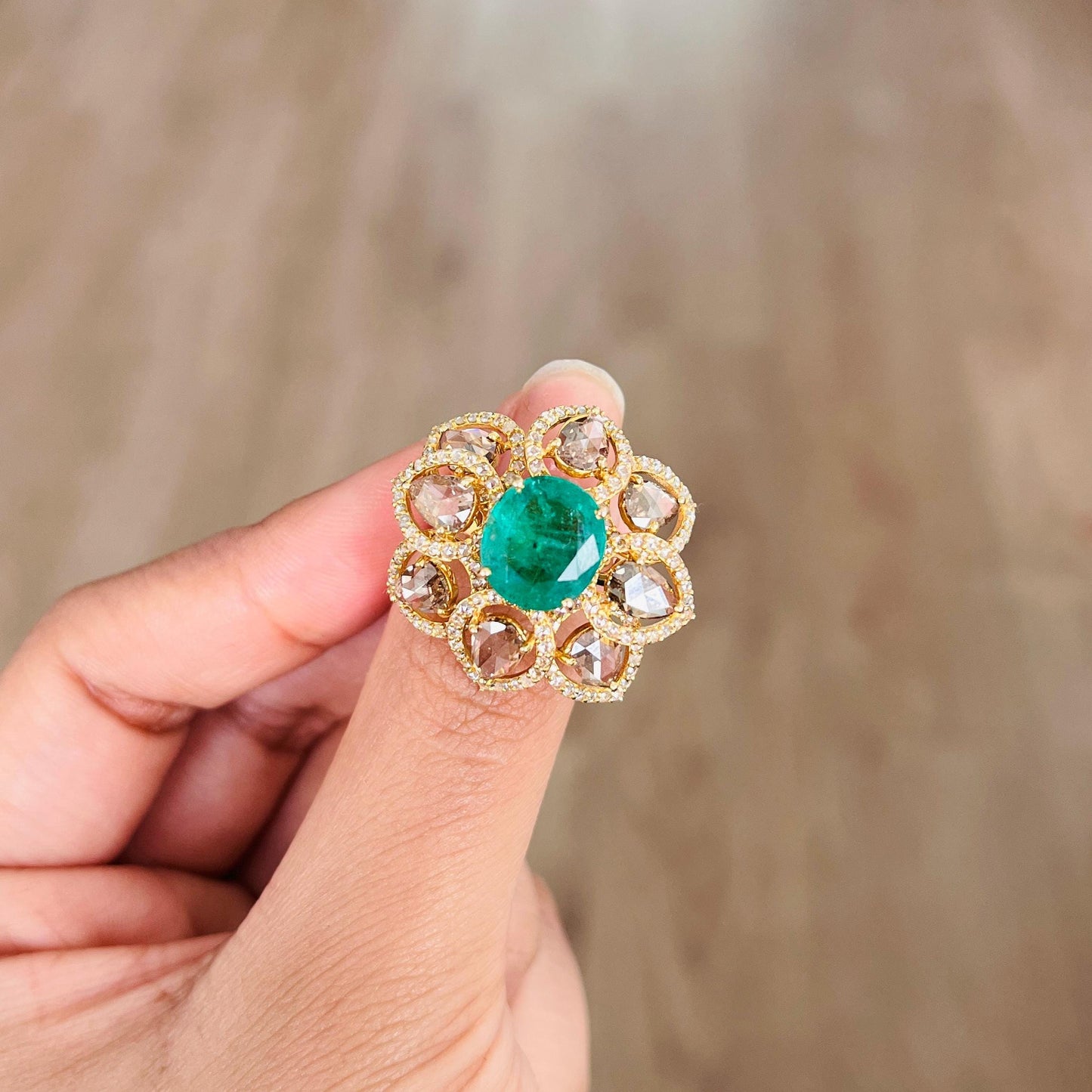 14k Gold Natural Zambian Emerald & Diamond Ring - 3.06 Carats Emerald, 3.07 Carats Diamond Victorian Ring