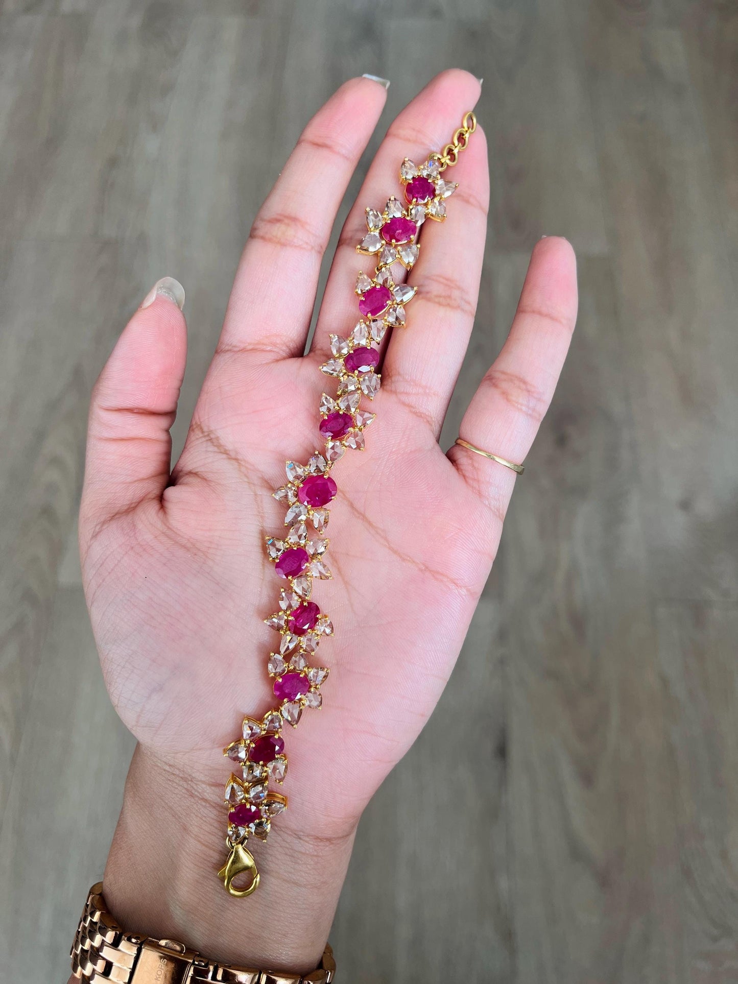 14k Gold Natural Ruby & Rose Cut Diamond Bracelet - 7.49 Carats Ruby, 9.03 Carats Diamond Art Nouveau Bracelet
