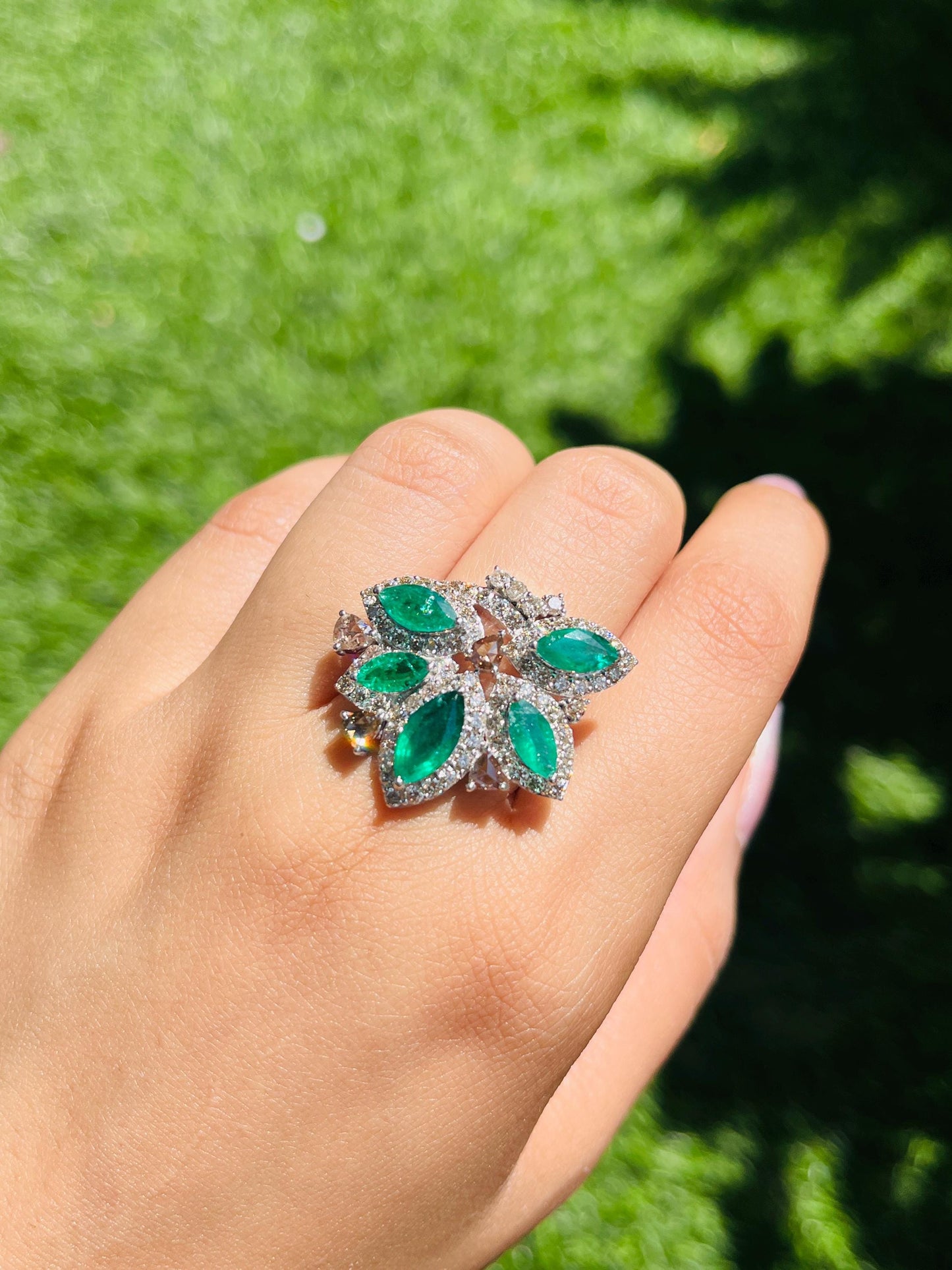 14k Gold Natural Zambian Emerald & Diamond Ring - 2.74 Carats Emerald, 1.93 Carats Diamond Art Nouveau Ring