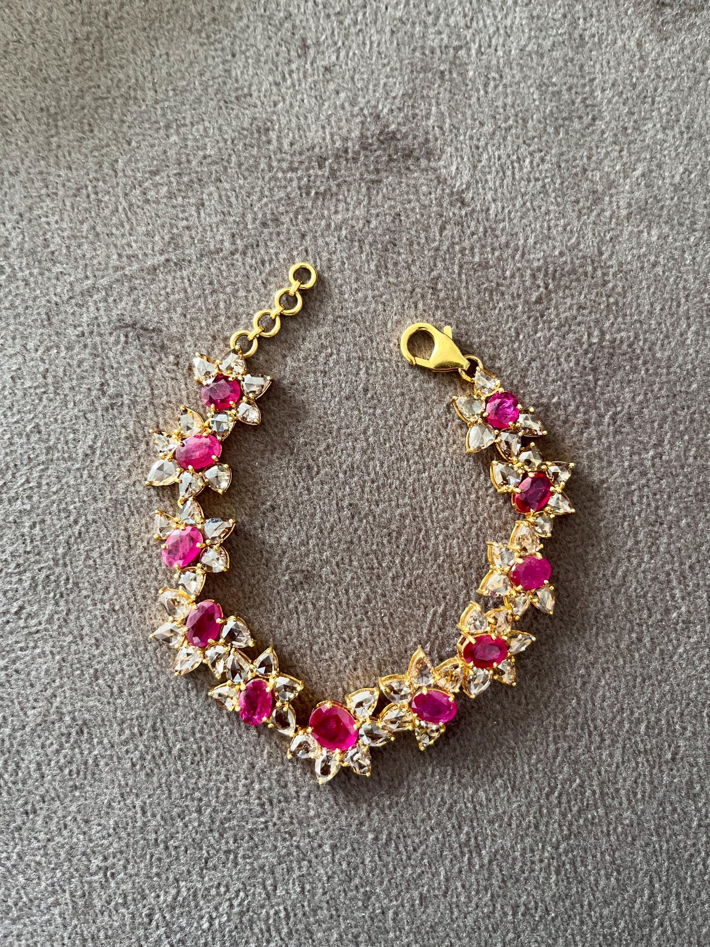 14k Gold Natural Ruby & Rose Cut Diamond Bracelet - 7.49 Carats Ruby, 9.03 Carats Diamond Art Nouveau Bracelet