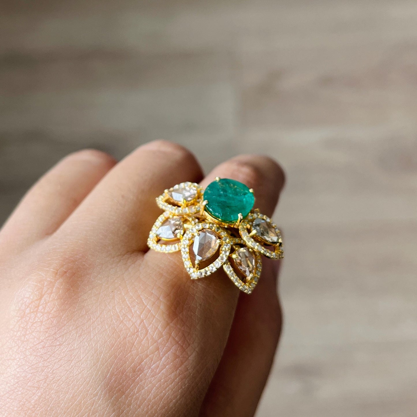 14k Gold Natural Zambian Emerald & Diamond Ring - 3.06 Carats Emerald, 3.07 Carats Diamond Victorian Ring
