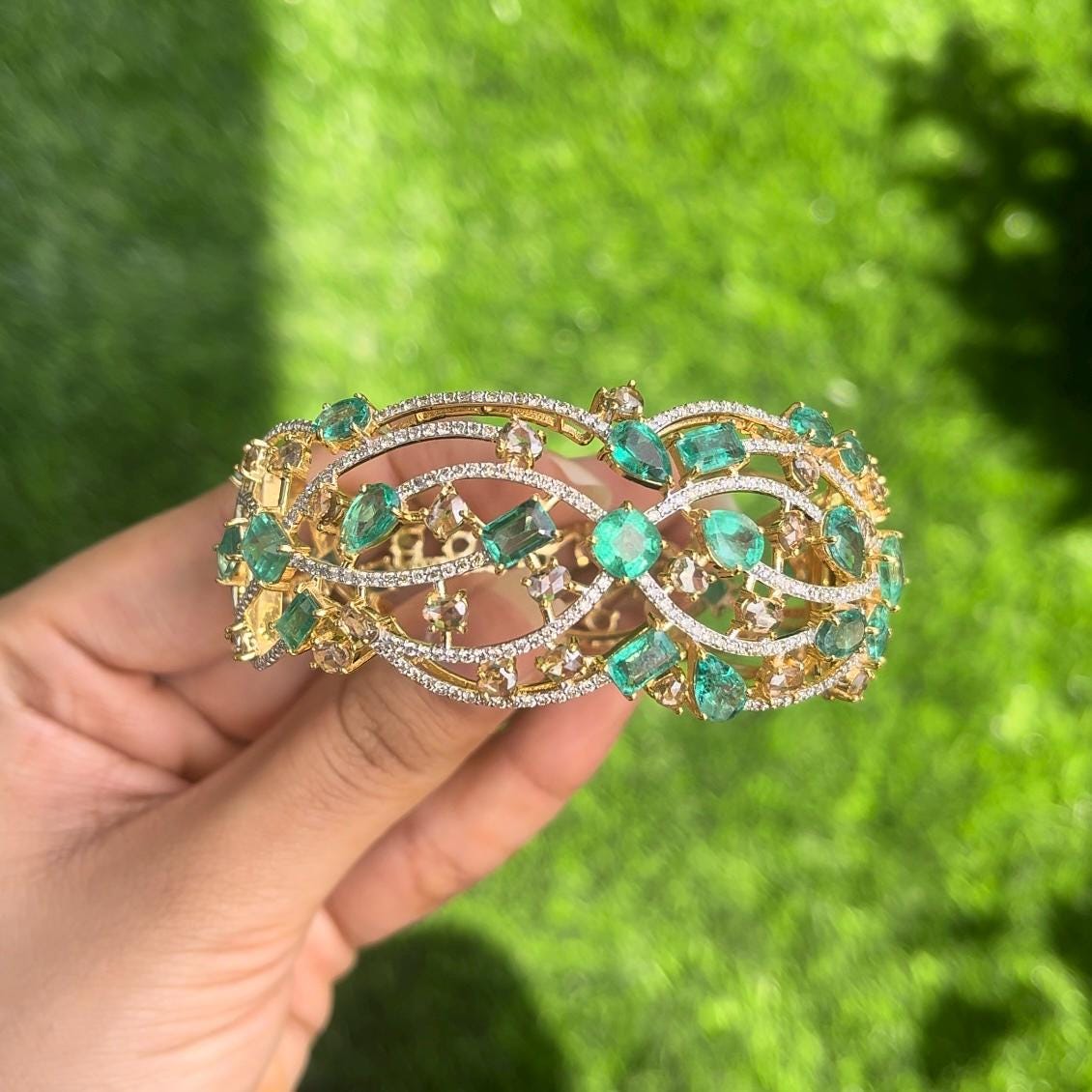 14k Gold Natural Zambian Emerald & Diamond Bracelet - 13.88 Carats Emerald, 7.62 Carats Diamond Art Nouveau Cuff Bracelet